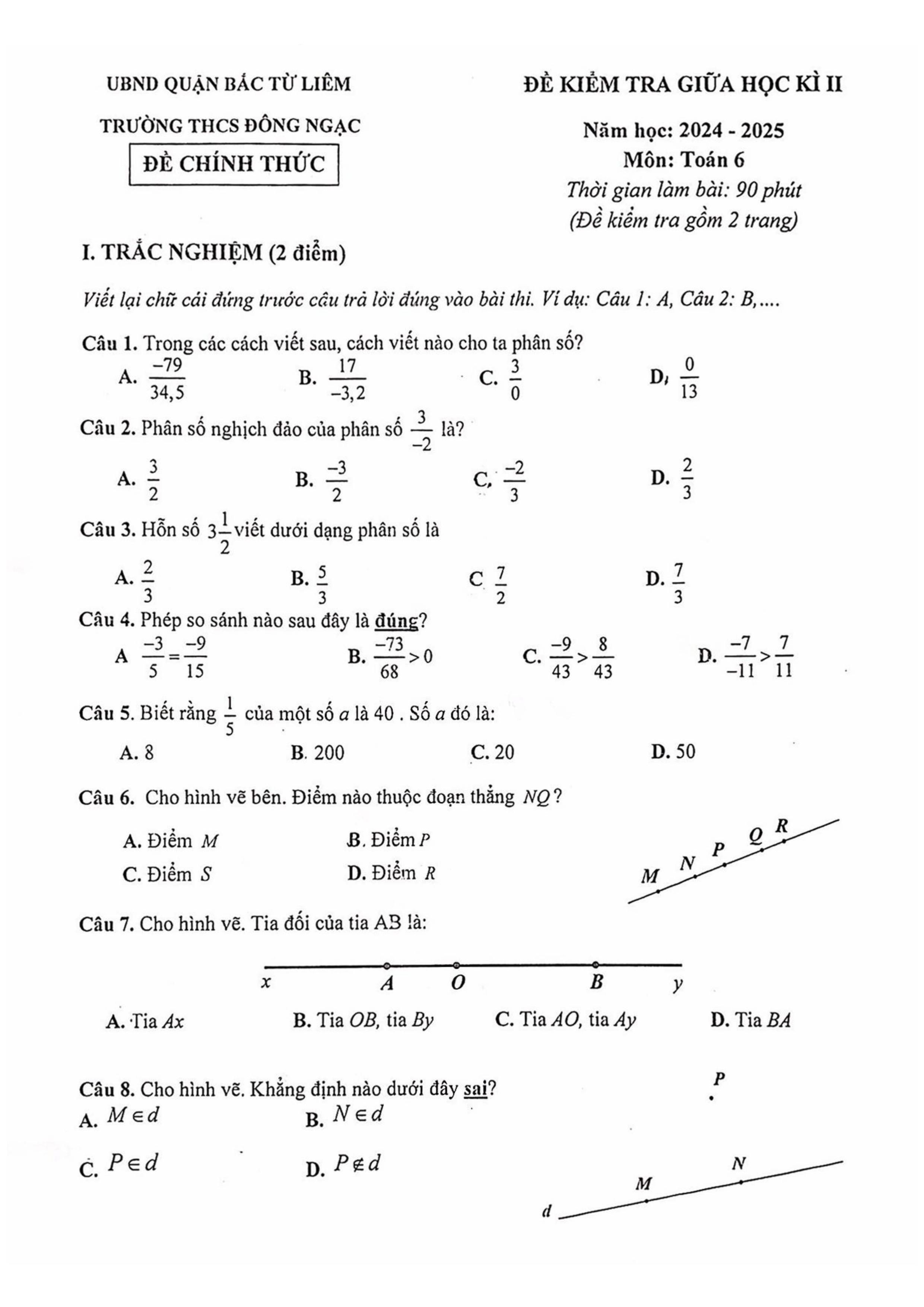 Đề thi Giữa kì 2 Toán 6 trường THCS Đông Ngạc (Hà Nội) năm 2024–2025