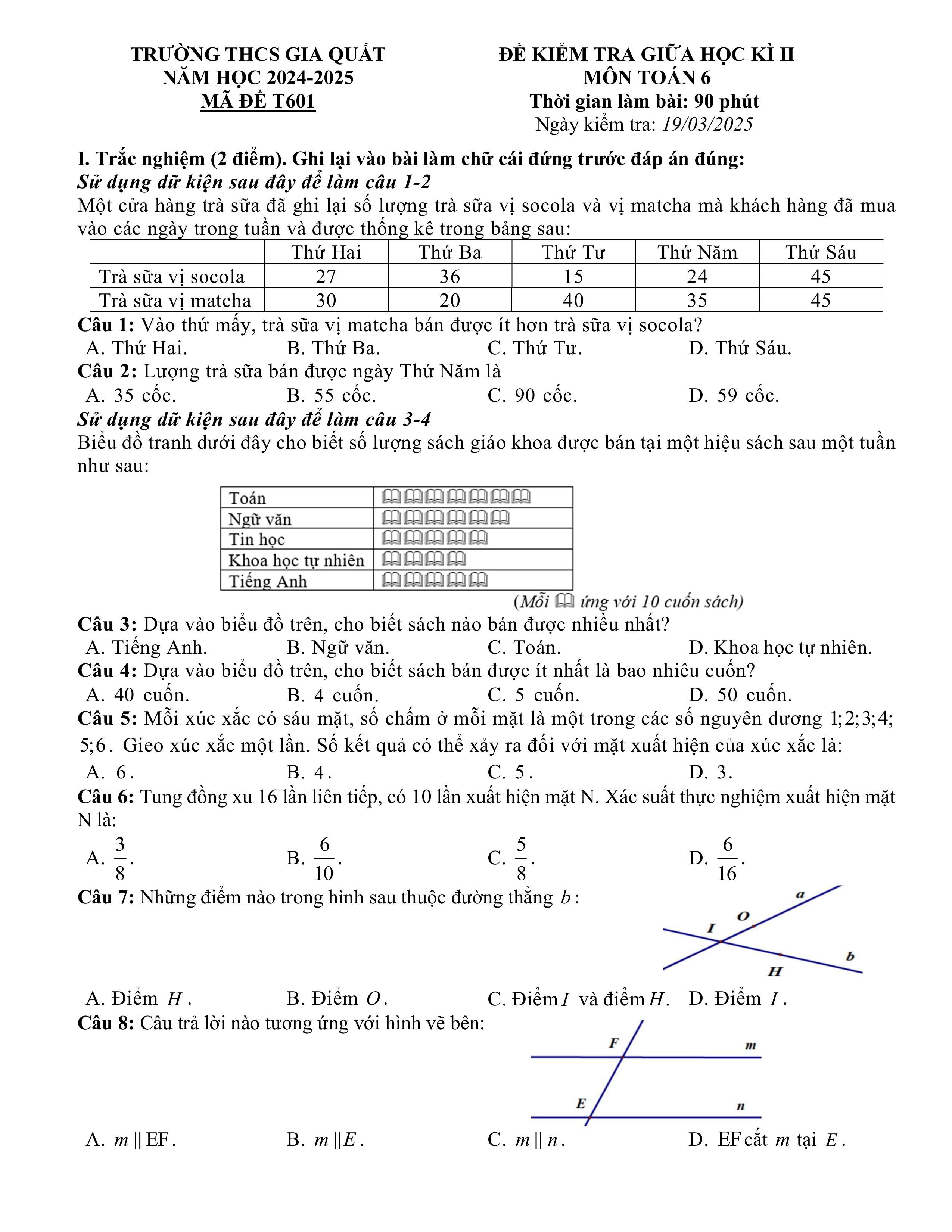 Đề thi Giữa kì 2 Toán 6 trường THCS Gia Quất (Hà Nội) năm 2024–2025