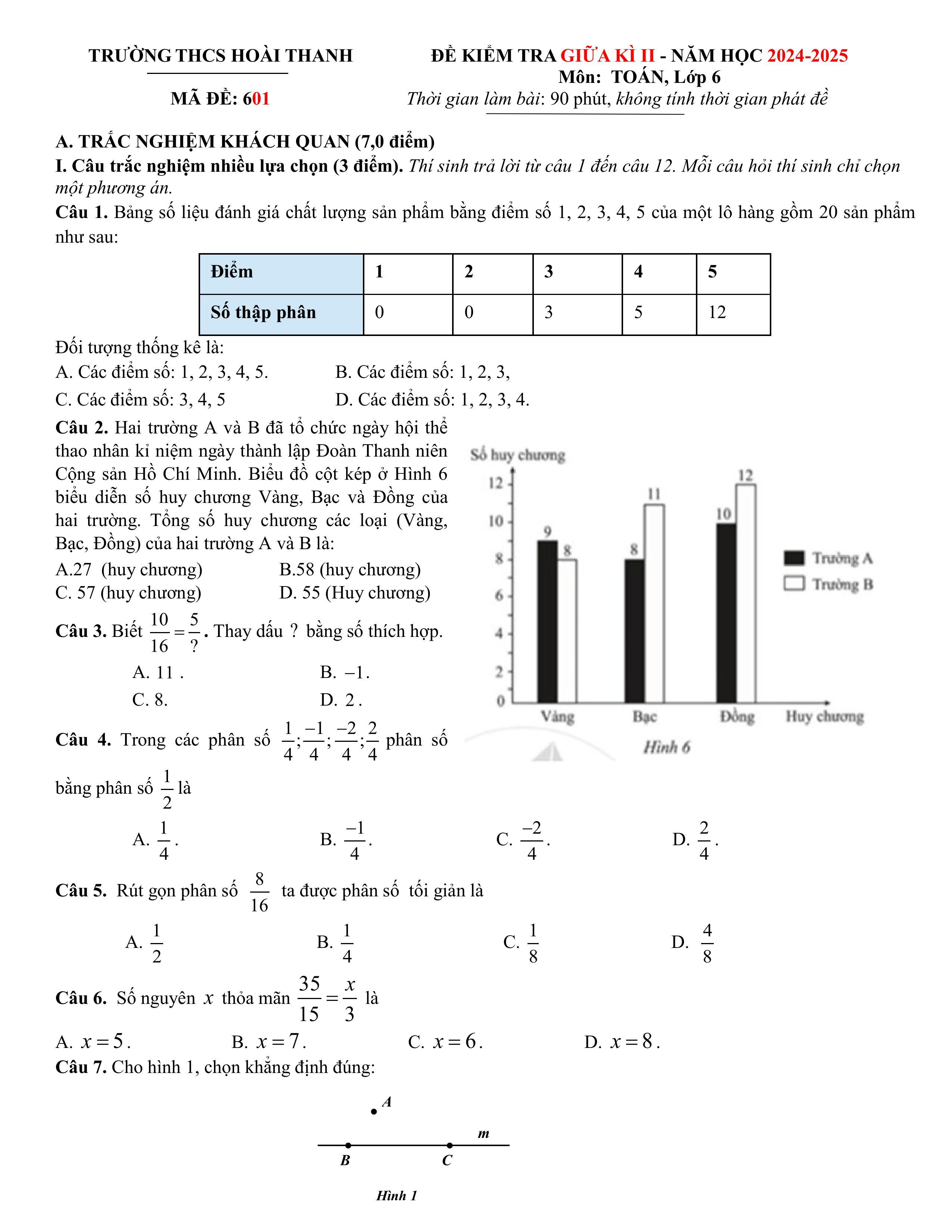 Đề thi Giữa kì 2 Toán 6 trường THCS Hoài Thanh (Bình Định) năm 2024–2025