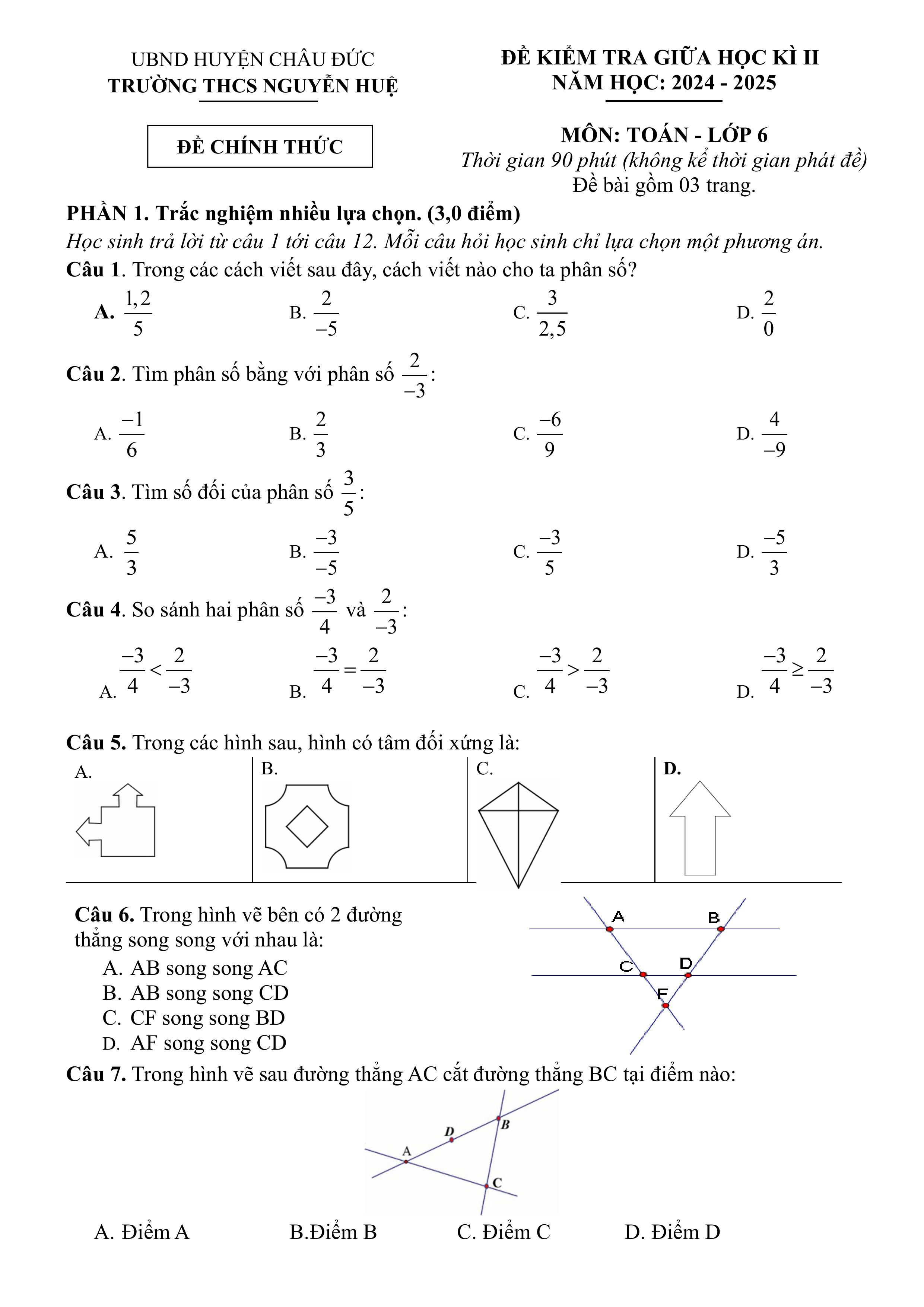 Đề thi Giữa kì 2 Toán 6 trường THCS Nguyễn Huệ (Bà Rịa Vũng Tàu) năm 2024–2025