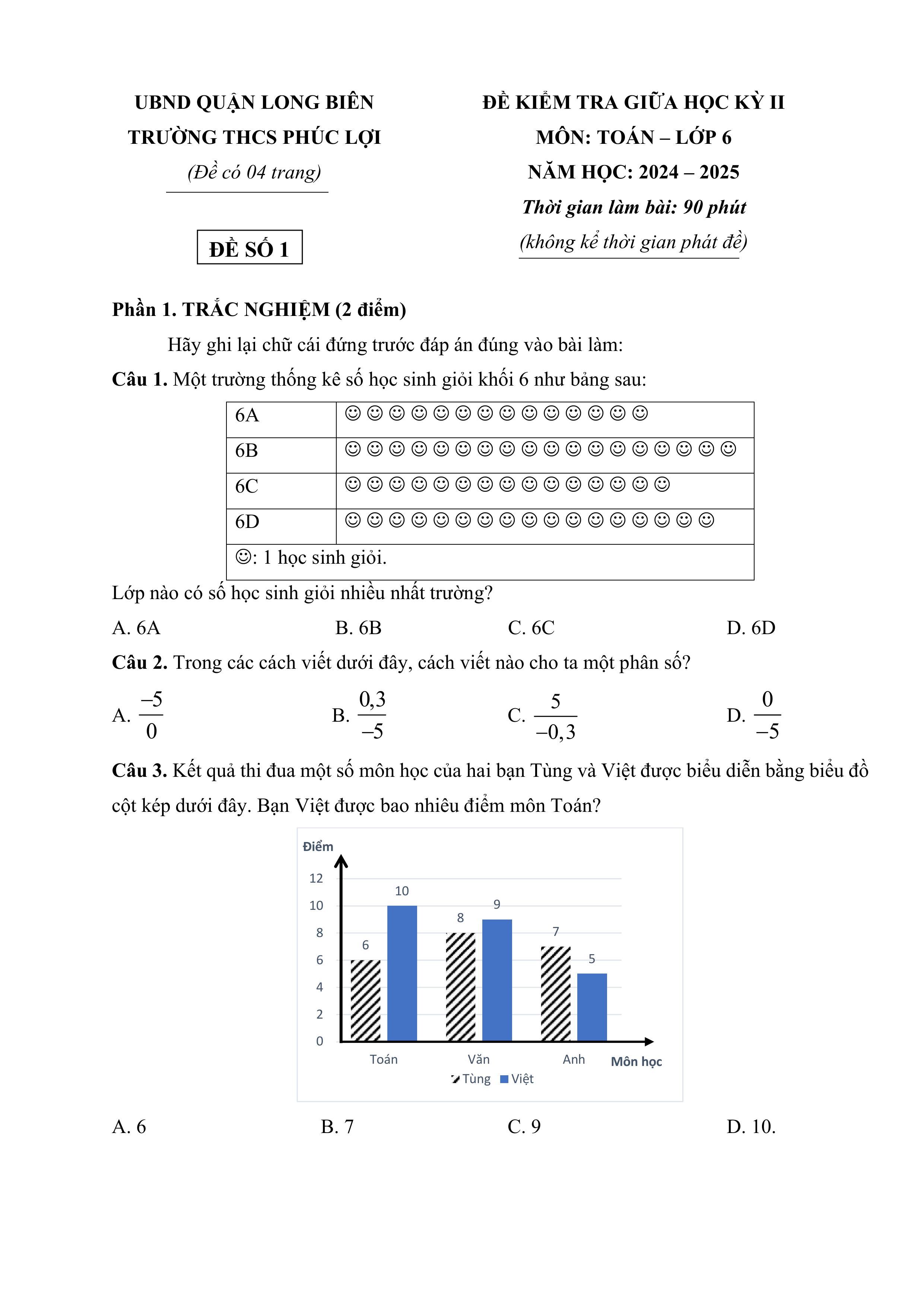 Đề thi Giữa kì 2 Toán 6 trường THCS Phúc Lợi (Hà Nội) năm 2024–2025