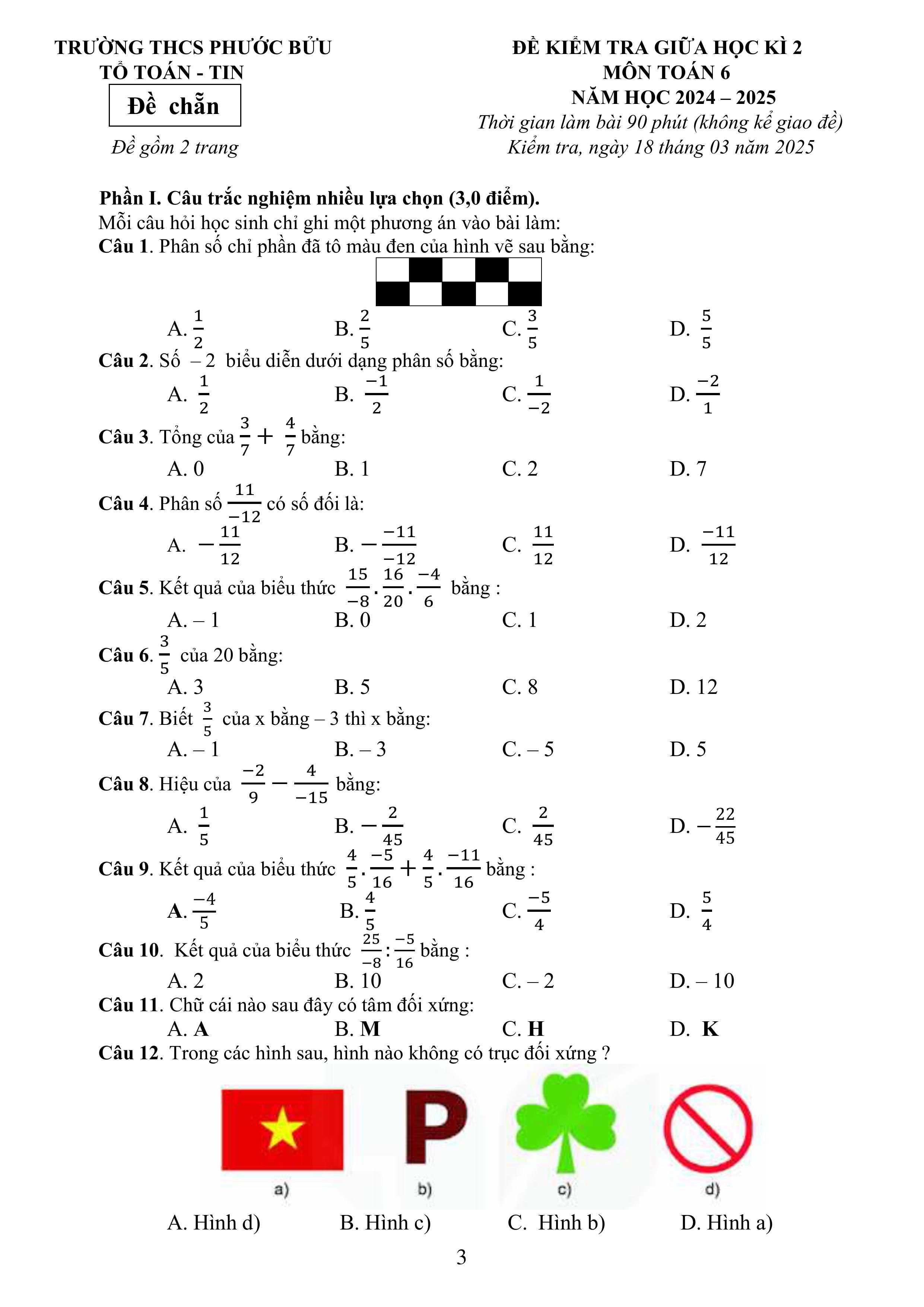 Đề thi Giữa kì 2 Toán 6 trường THCS Phước Bửu (Bà Rịa Vũng Tàu) năm 2024–2025