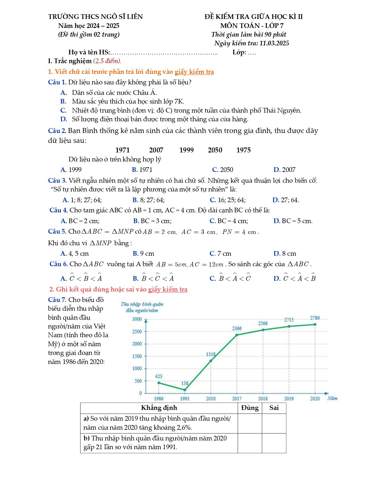 Đề thi Giữa kì 2 Toán 7 trường THCS Ngô Sĩ Liên (Hà Nội) năm 2024–2025