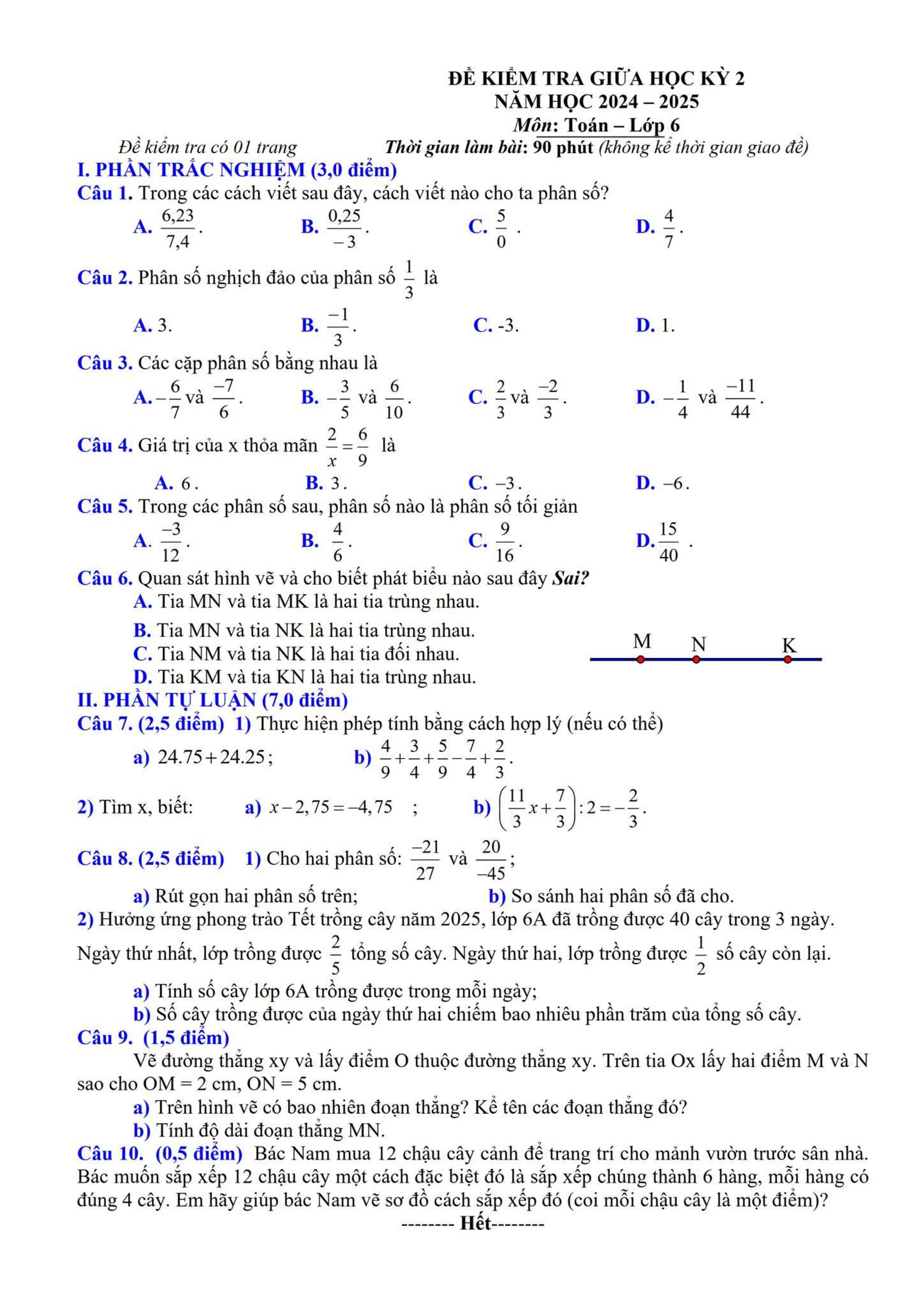Đề thi Giữa kì 2 Toán 6 phòng GD&ĐT Lương Tài (Bắc Ninh) năm 2024–2025