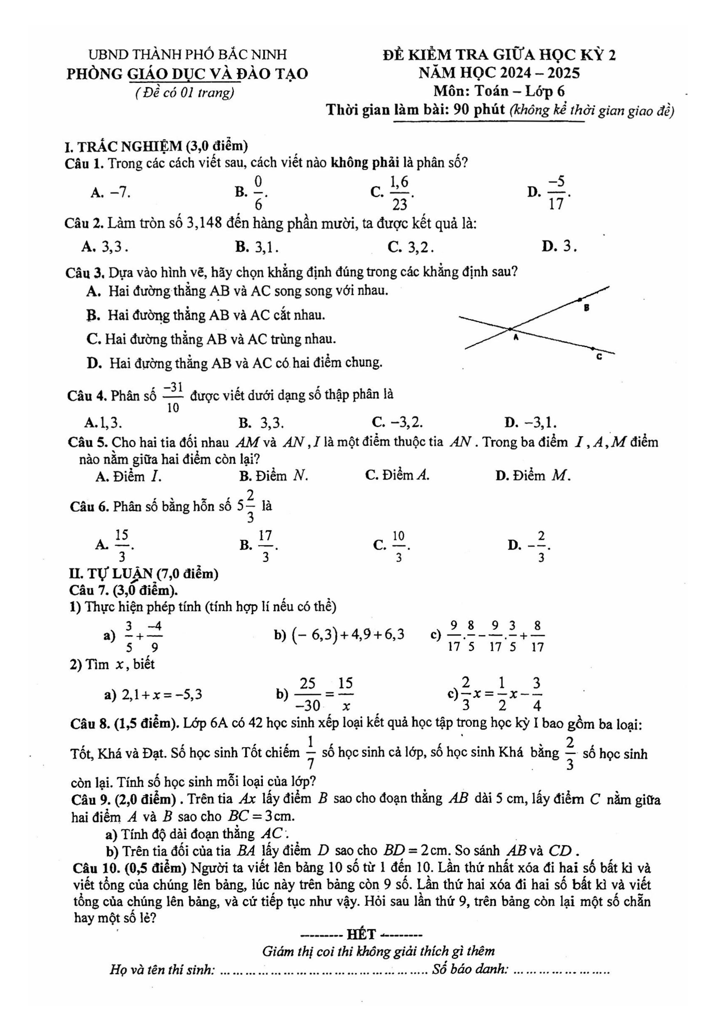 Đề thi Giữa kì 2 Toán 6 phòng GD&ĐT (Bắc Ninh) năm 2024–2025