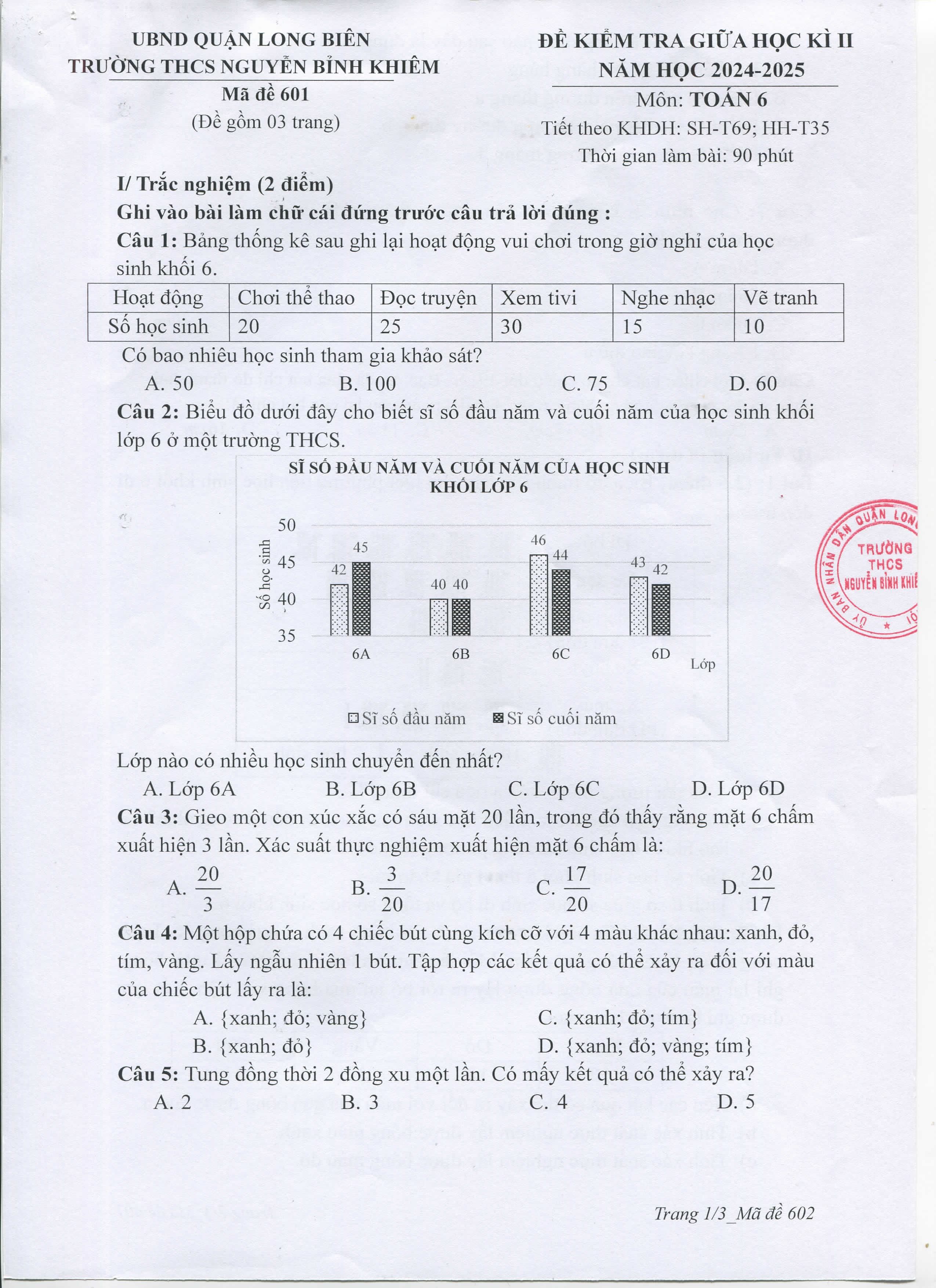Đề thi Giữa kì 2 Toán 6 trường THCS Nguyễn Bỉnh Khiêm (Hà Nội) năm 2024–2025
