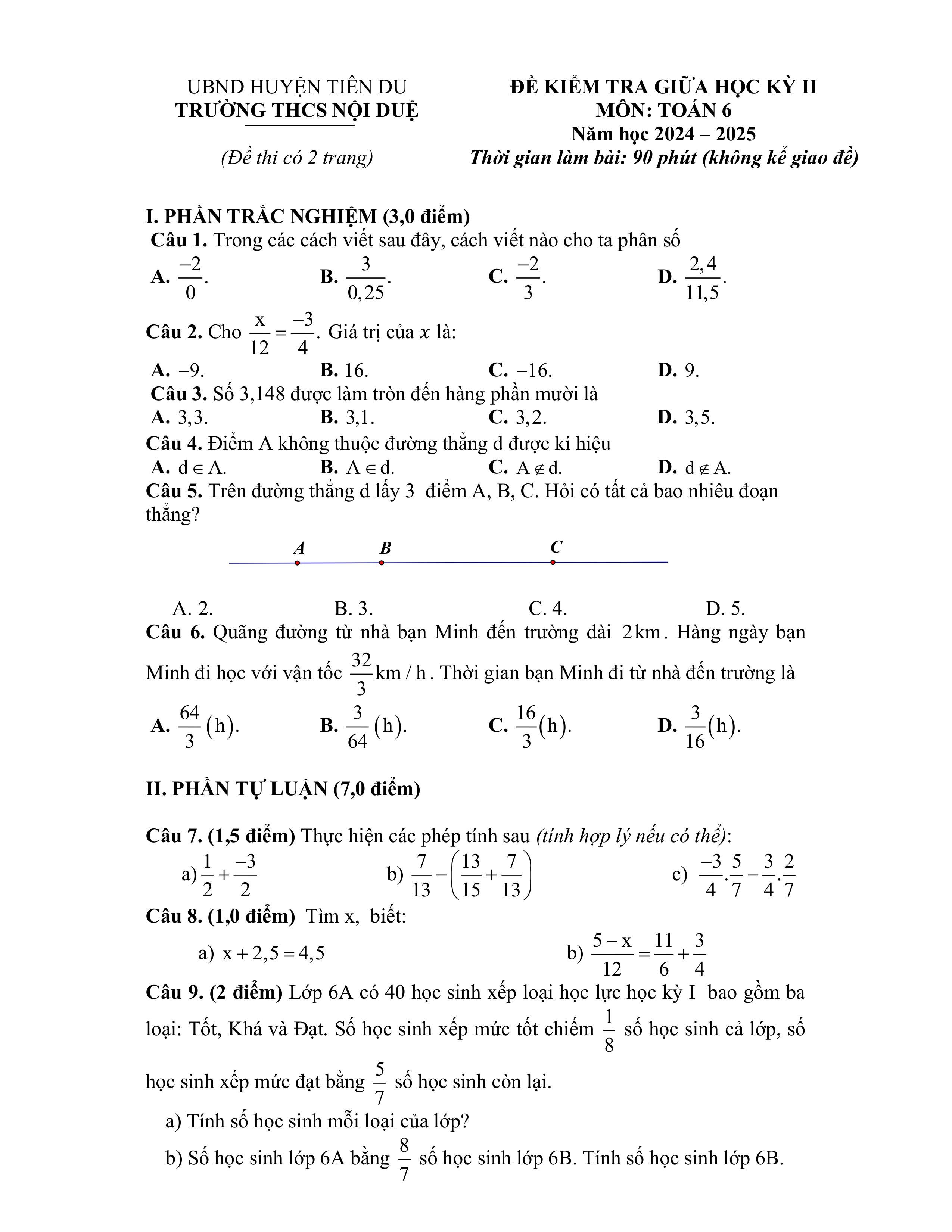 Đề thi Giữa kì 2 Toán 6 trường THCS Nội Duệ (Bắc Ninh) năm 2024–2025
