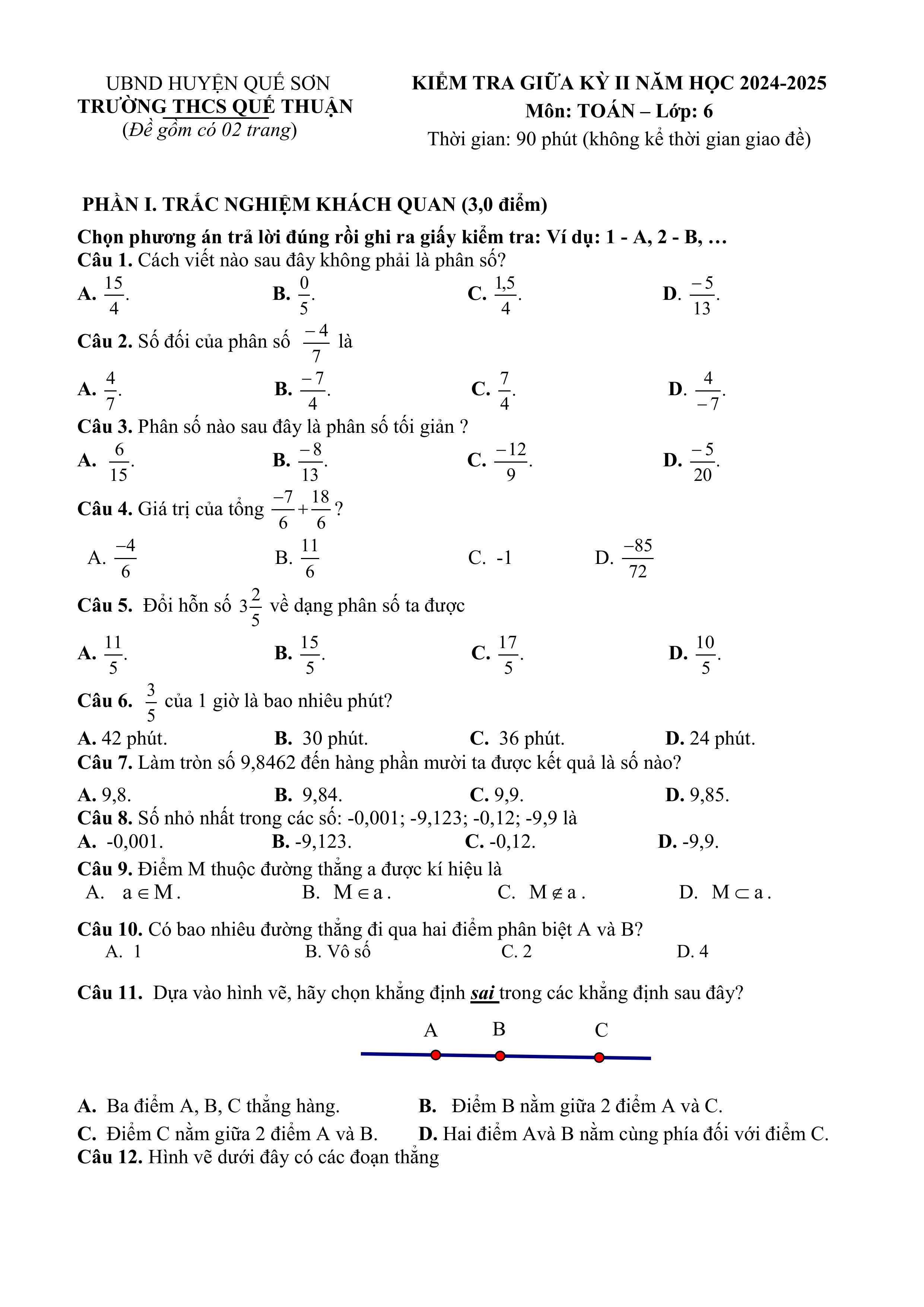 Đề thi Giữa kì 2 Toán 6 trường THCS Quế Thuận (Quảng Nam) năm 2024–2025