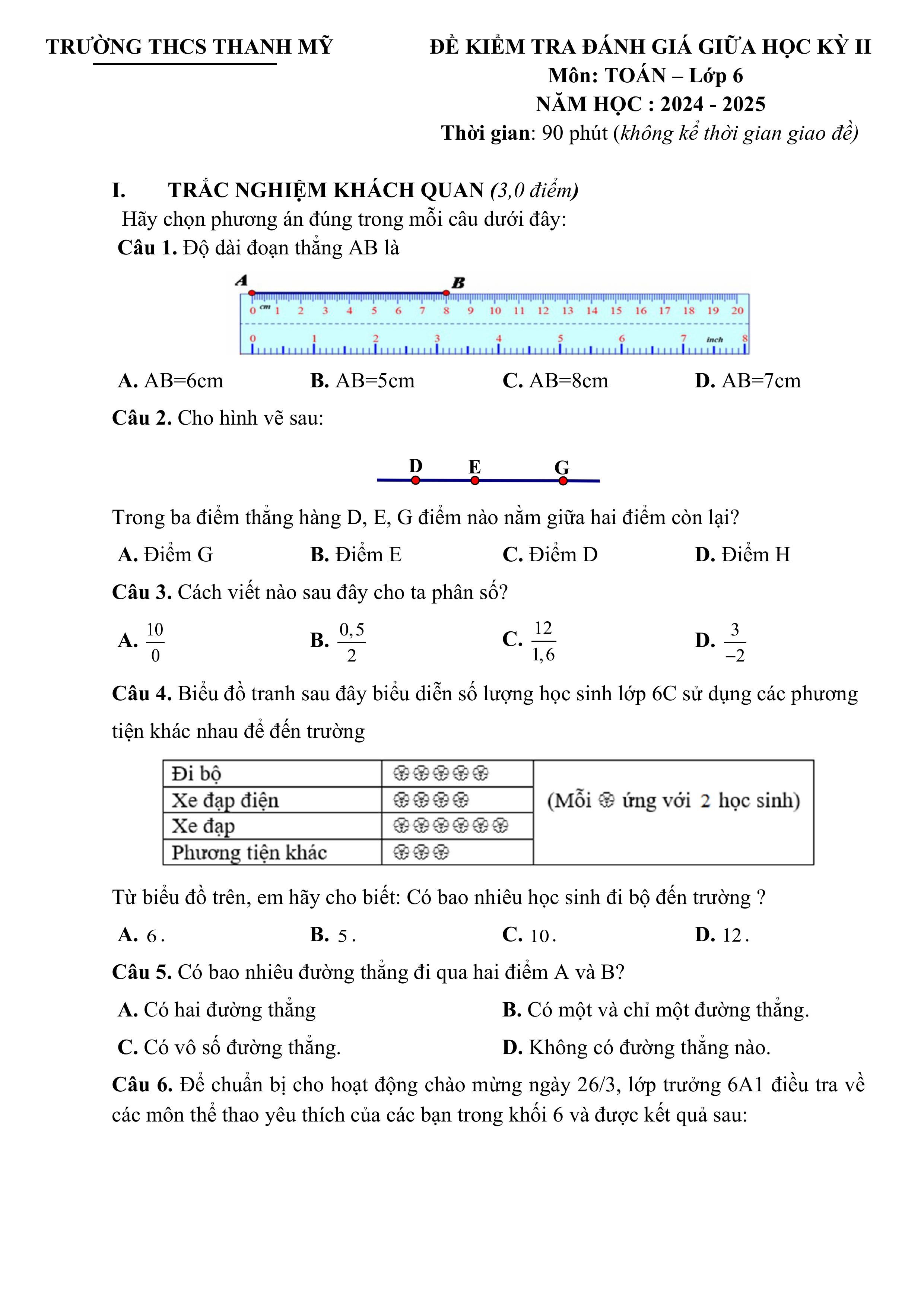 Đề thi Giữa kì 2 Toán 6 trường THCS Thanh Mỹ (Hà Nội) năm 2024–2025
