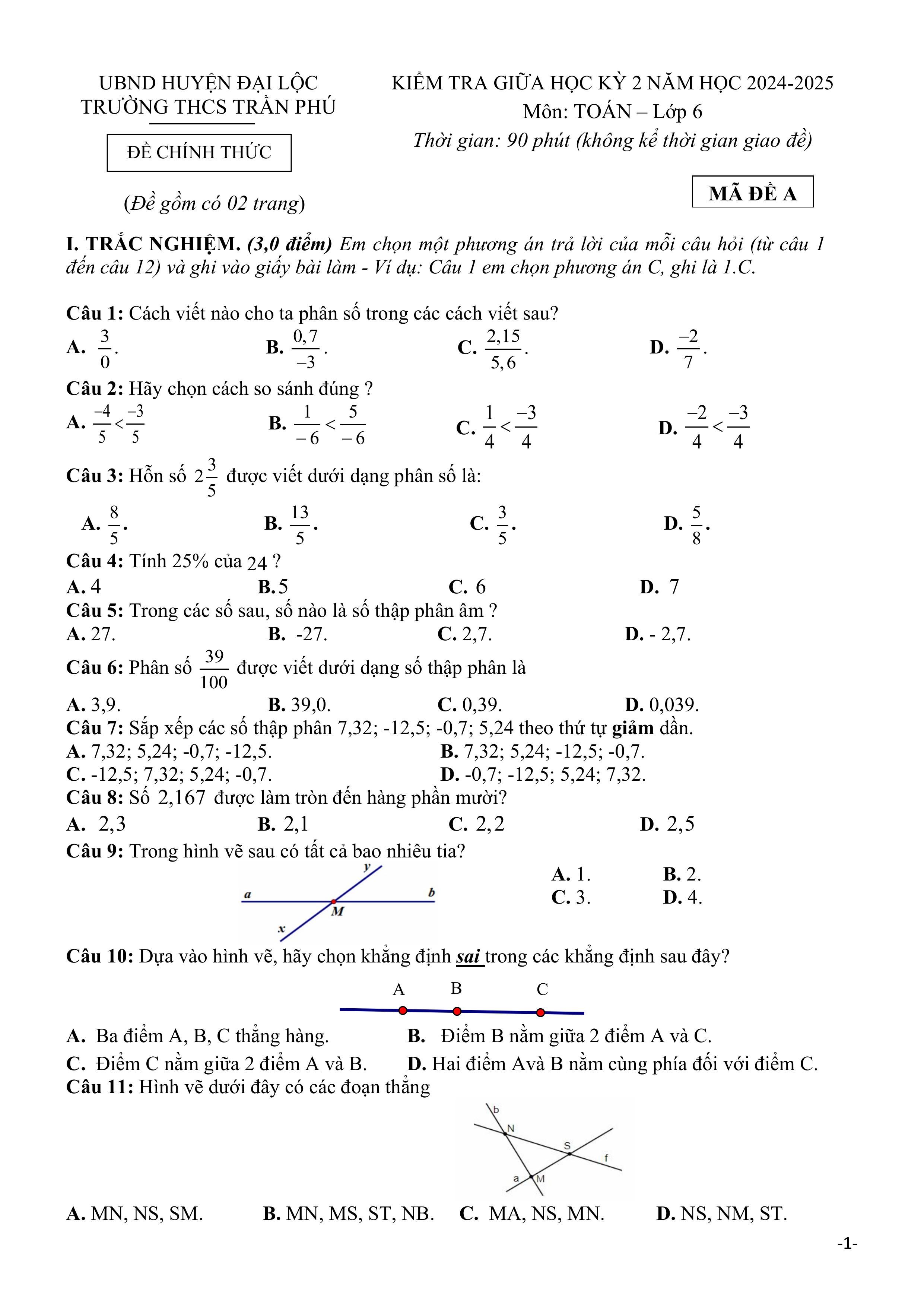 Đề thi Giữa kì 2 Toán 6 trường THCS Trần Phú (Quảng Nam) năm 2024–2025