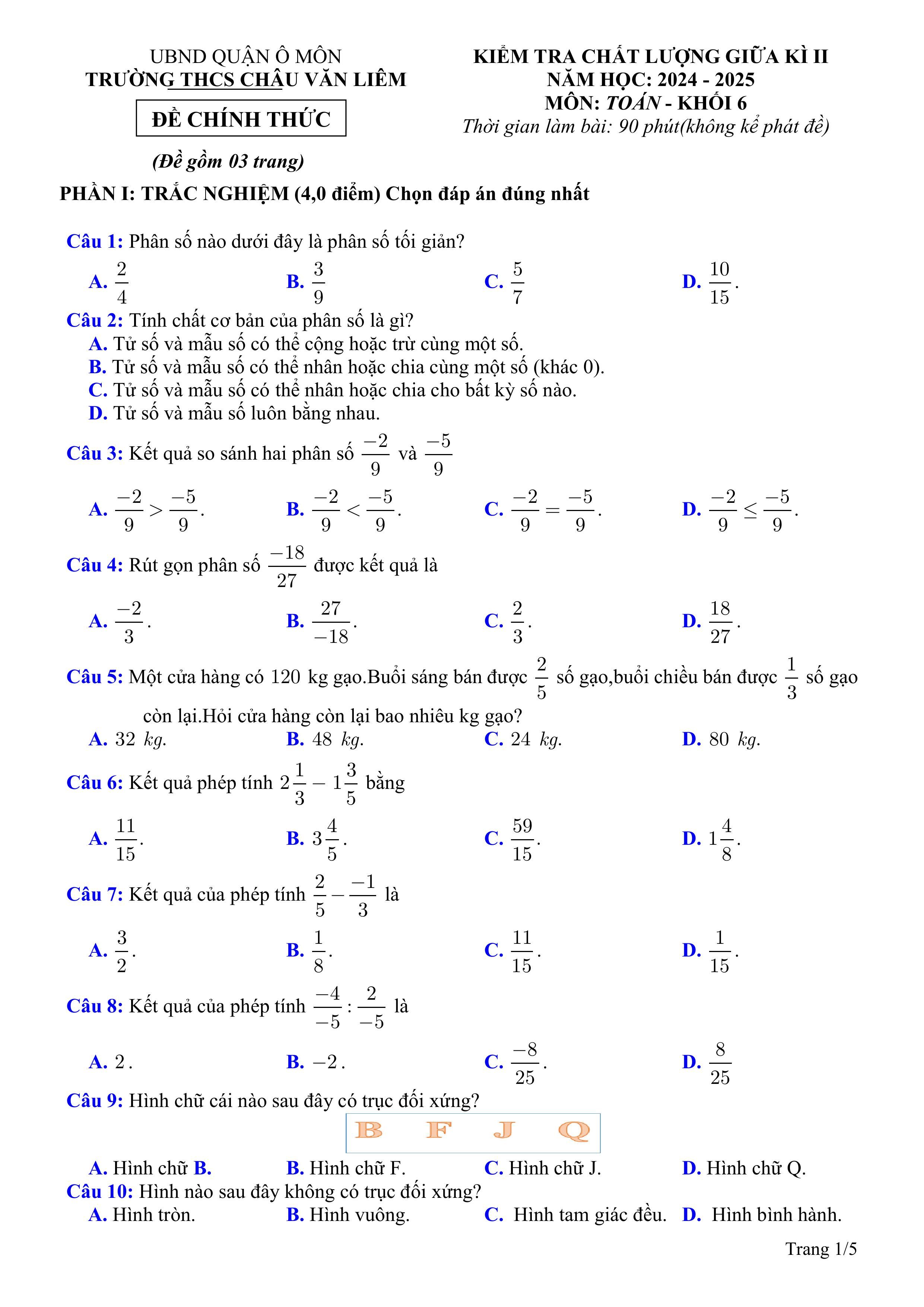 Đề thi Giữa kì 2 Toán 6 trường THCS Châu Văn Liêm (Cần Thơ) năm 2024–2025