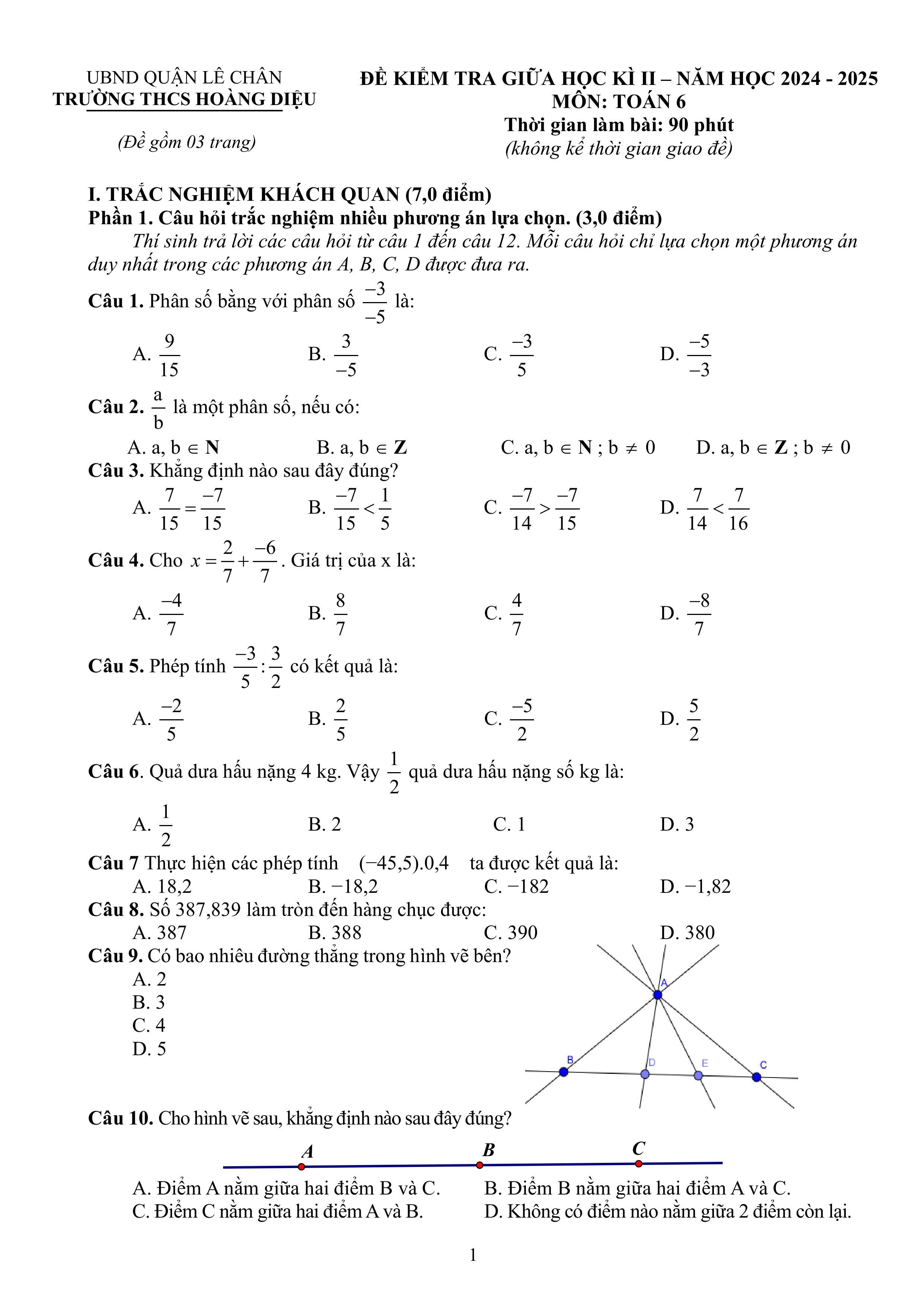 Đề thi Giữa kì 2 Toán 6 trường THCS Hoàng Diệu (Hải Phòng) năm 2024–2025