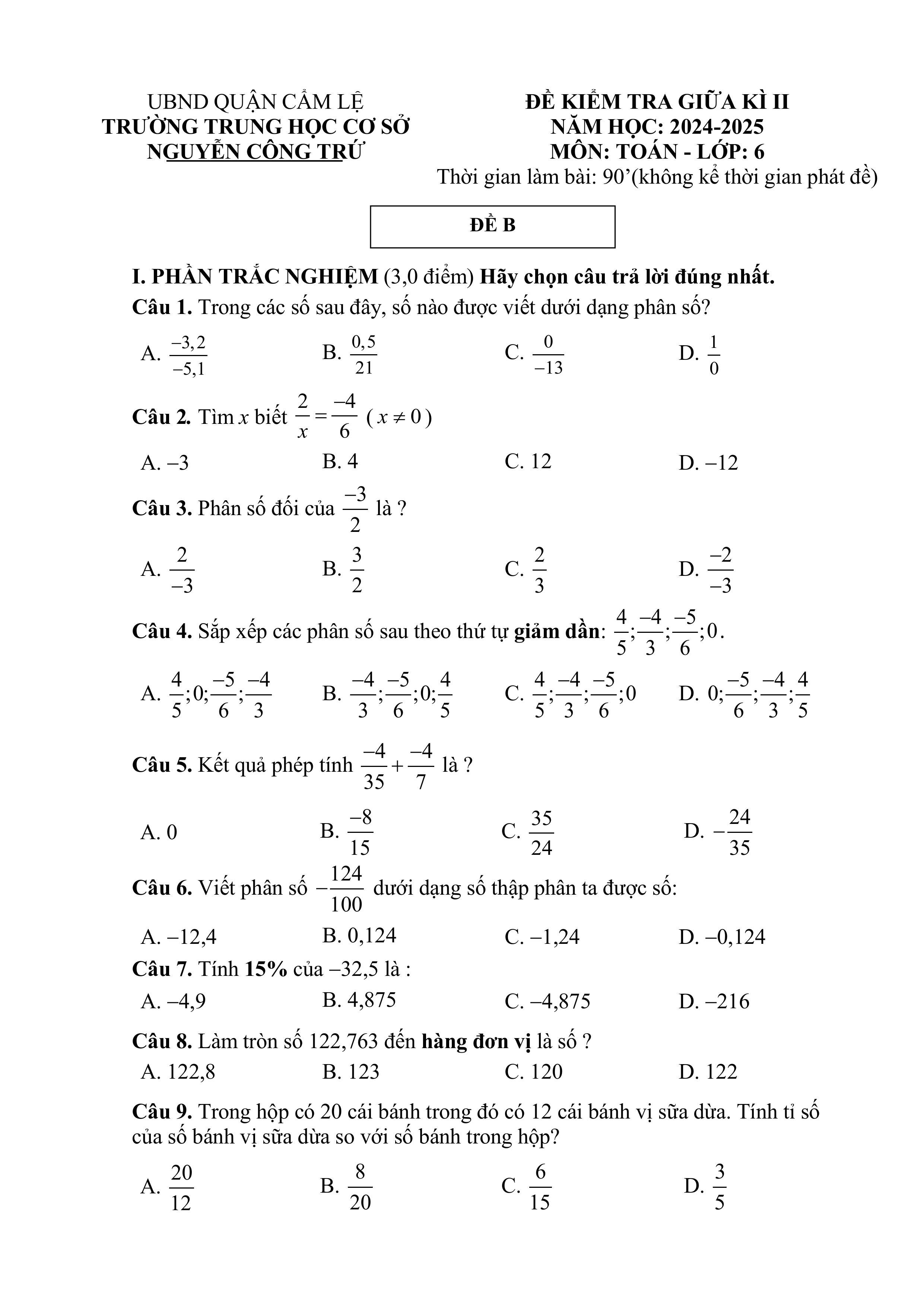 Đề thi Giữa kì 2 Toán 6 trường THCS Nguyễn Công Trứ (Đà Nẵng) năm 2024–2025