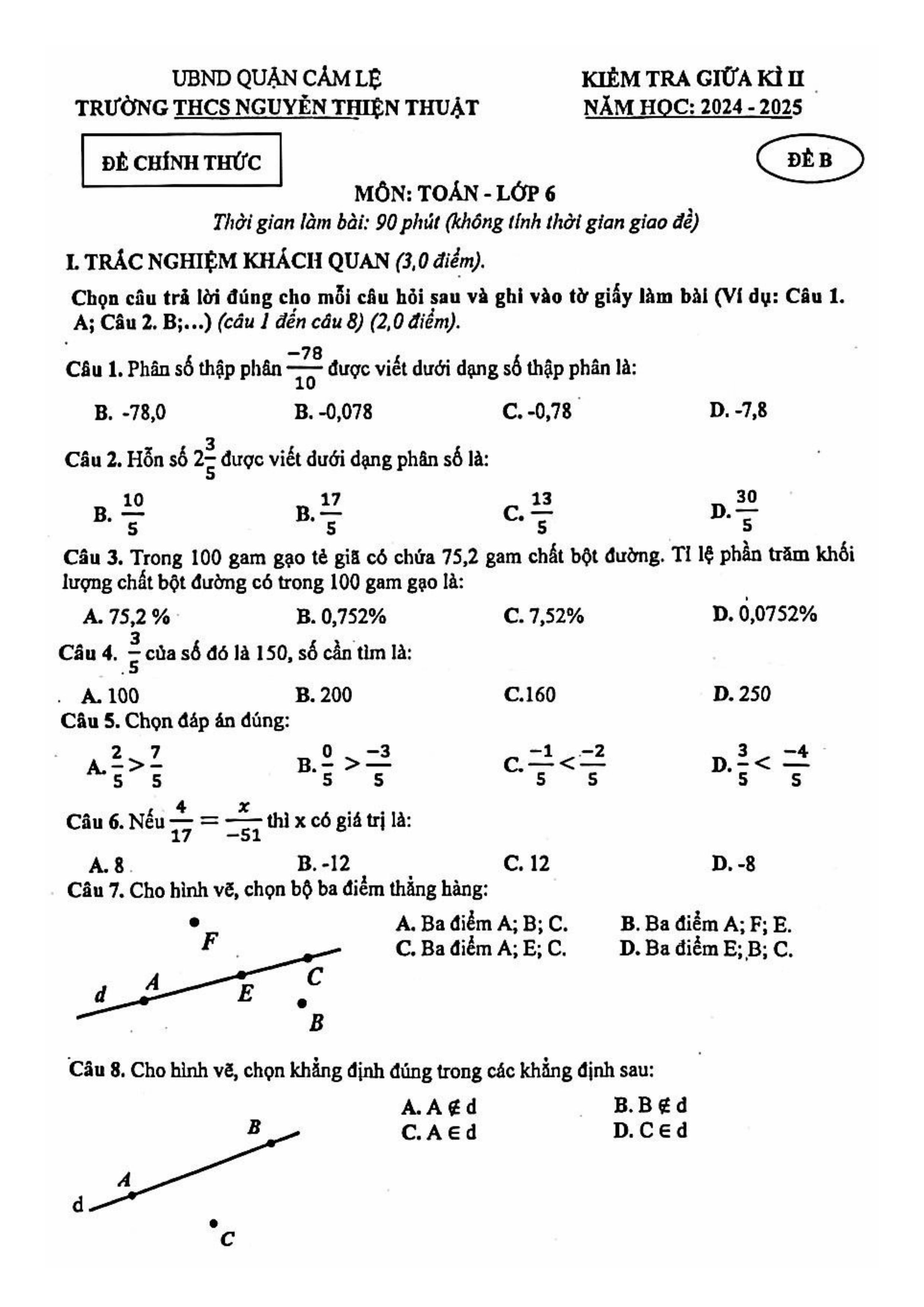 Đề thi Giữa kì 2 Toán 6 trường THCS Nguyễn Thiện Thuật (Đà Nẵng) năm 2024–2025