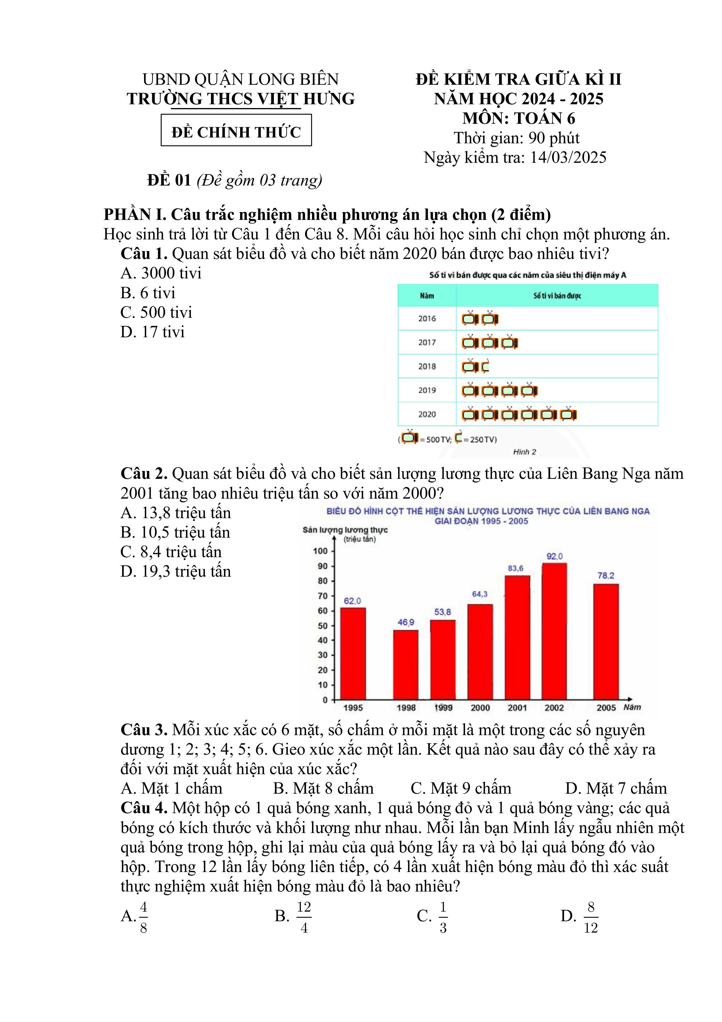 Đề thi Giữa kì 2 Toán 6 trường THCS Việt Hưng (Hà Nội) năm 2024–2025