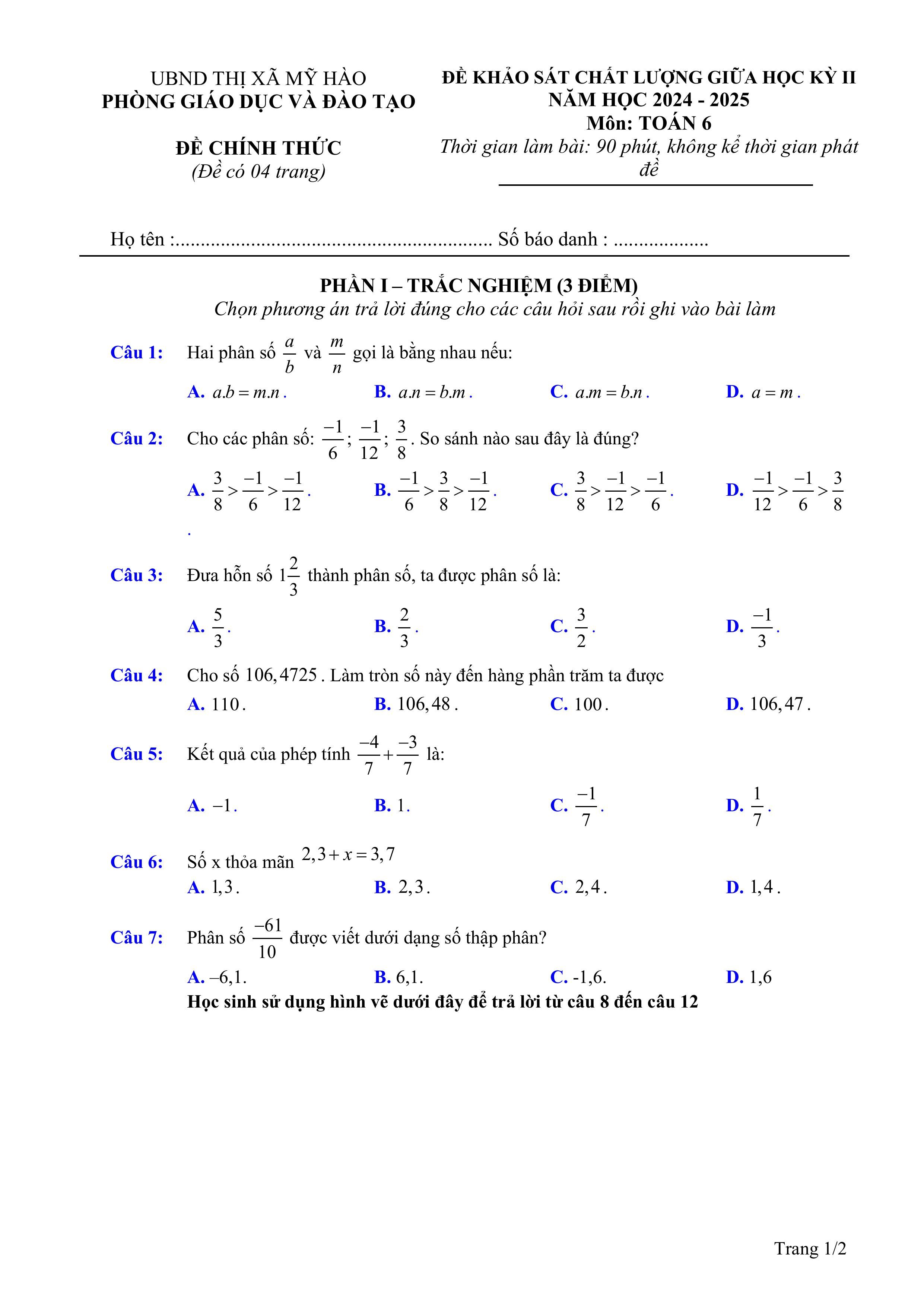 Đề thi Giữa kì 2 Toán 6 phòng GD&ĐT Mỹ Hào (Hưng Yên) năm 2024–2025