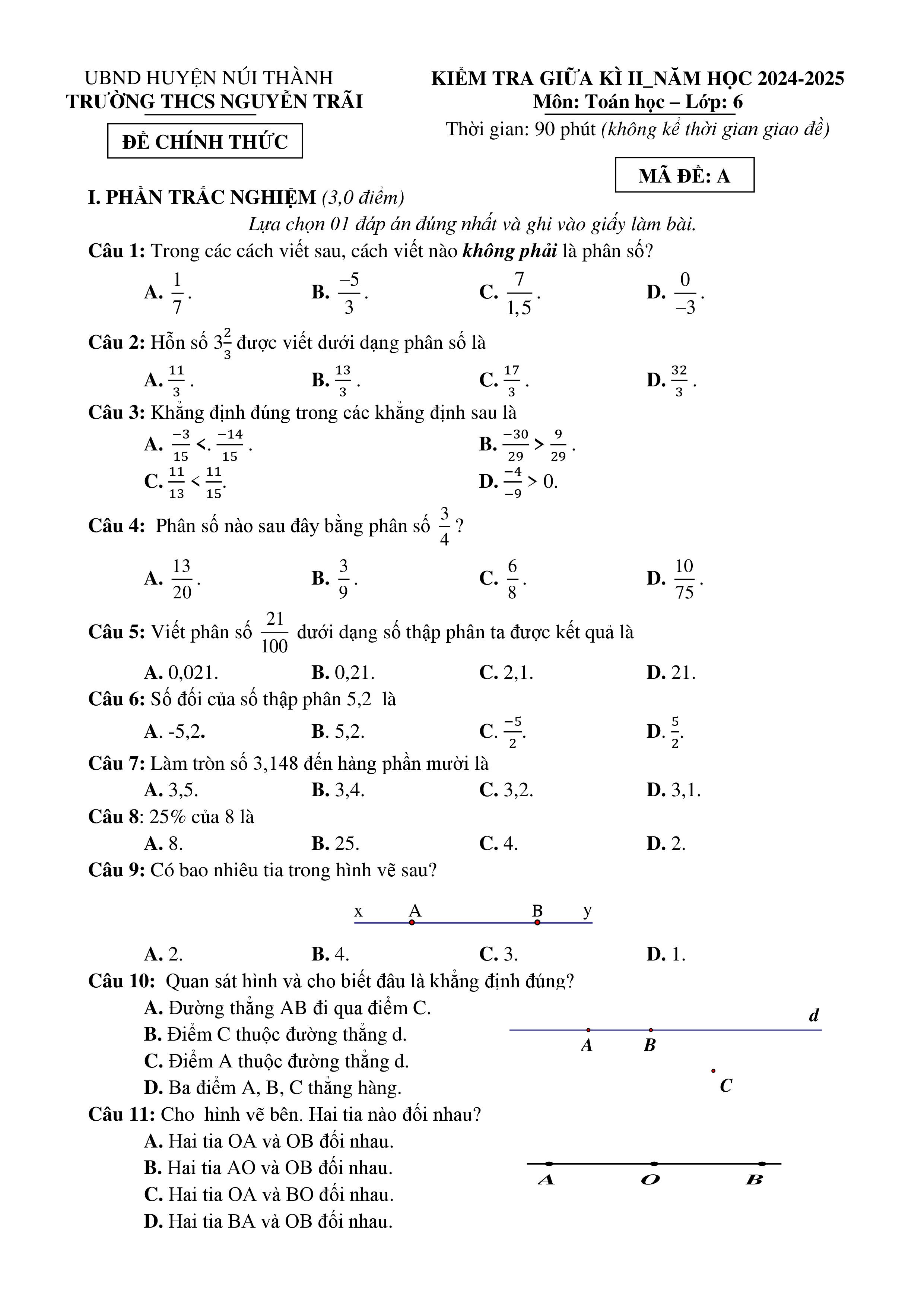 Đề thi Giữa kì 2 Toán 6 trường THCS Nguyễn Trãi (Quảng Nam) năm 2024–2025