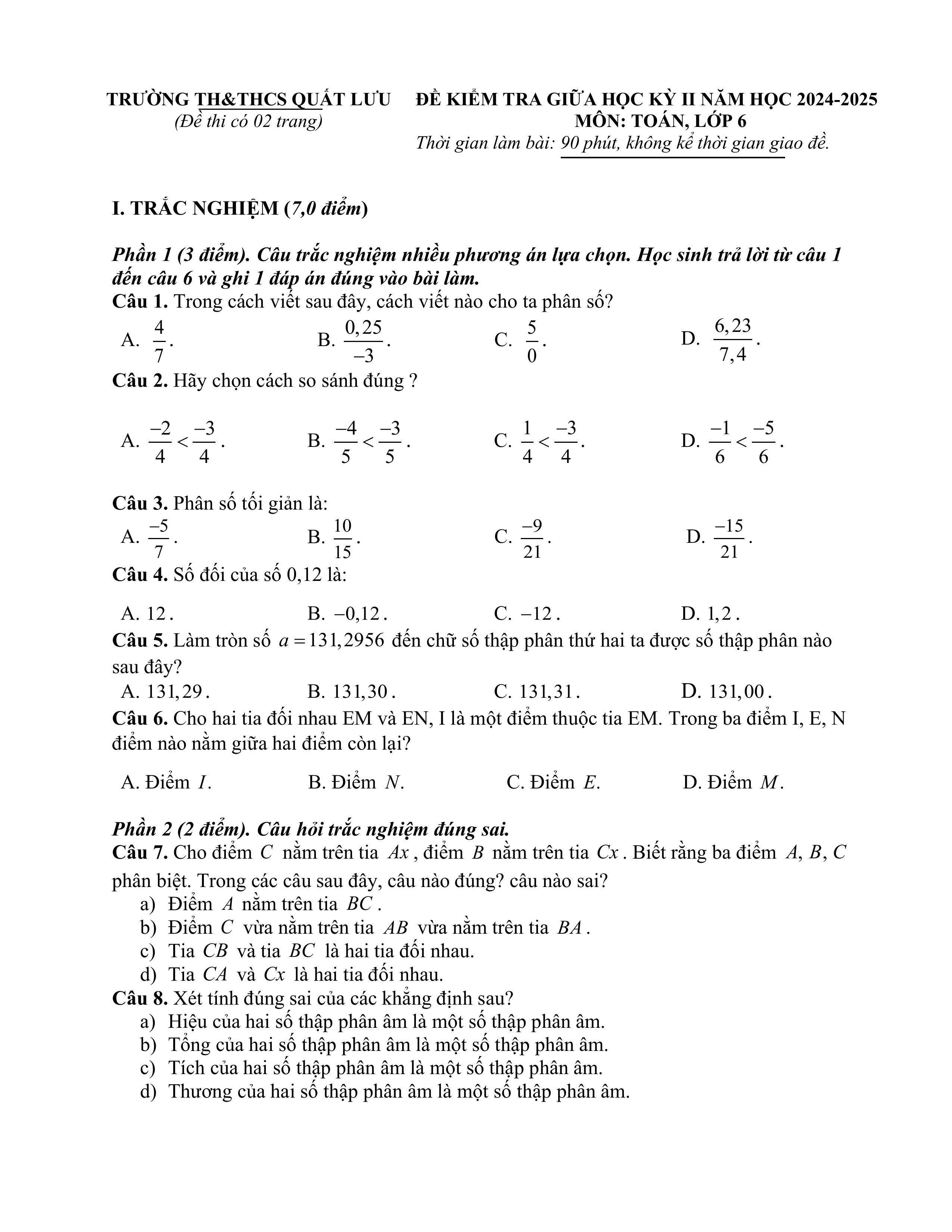 Đề thi Giữa kì 2 Toán 6 trường THCS Quất Lưu (Vĩnh Phúc) năm 2024–2025
