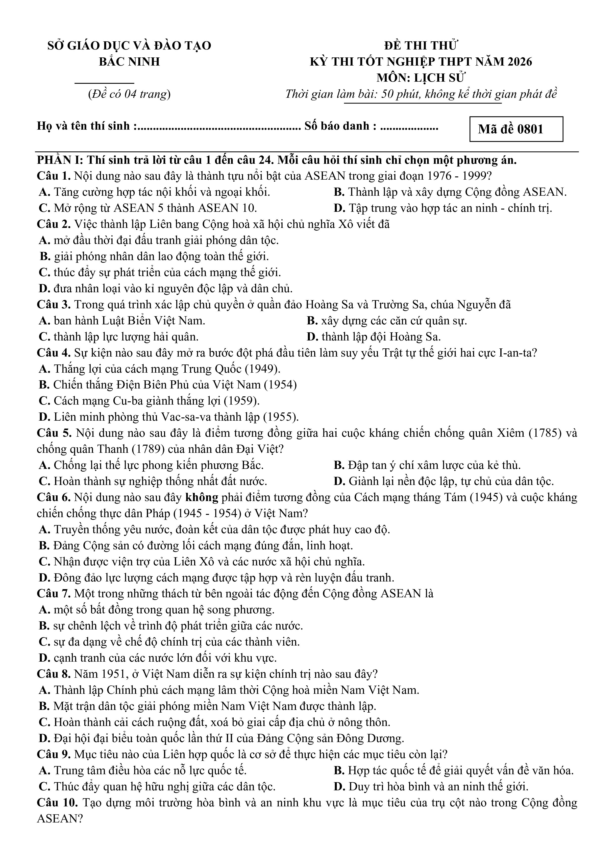 Đề thi thử Tốt nghiệp THPT Lịch sử 2025-2026 Sở Bắc Ninh lần 1 đề lẻ