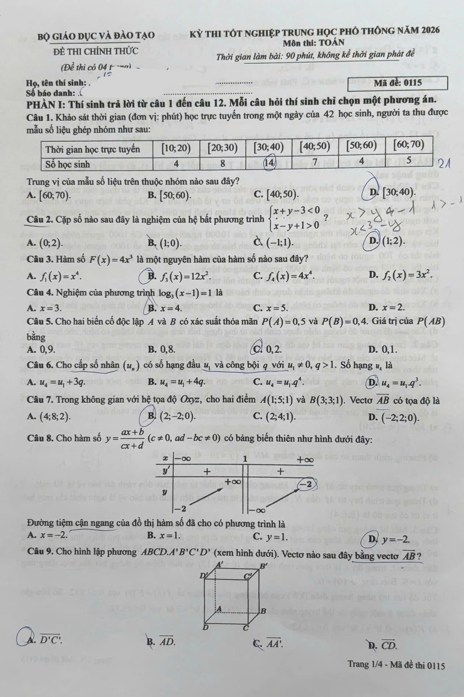 Đề chính thức Toán năm 2026 Tốt nghiệp THPT (Mã đề 0115) (Có đáp án)