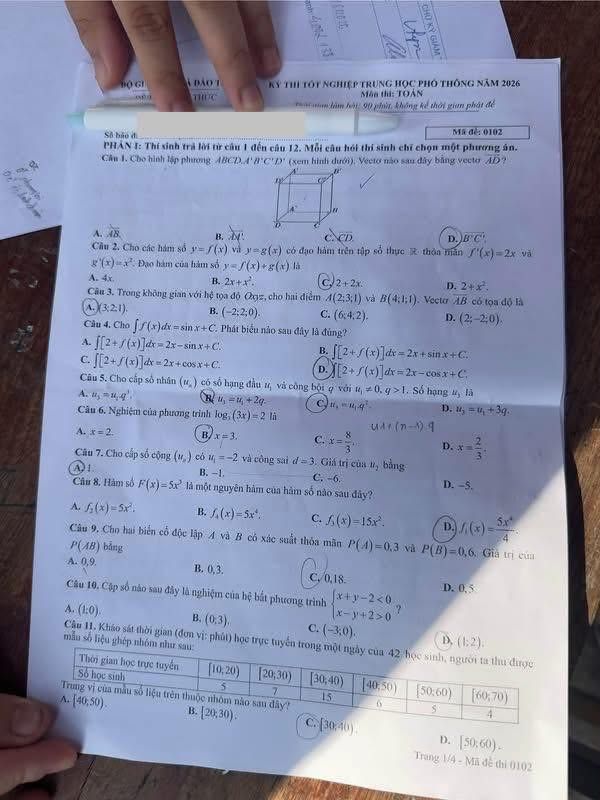 Đề chính thức Toán năm 2026 Tốt nghiệp THPT (Mã đề  0102)