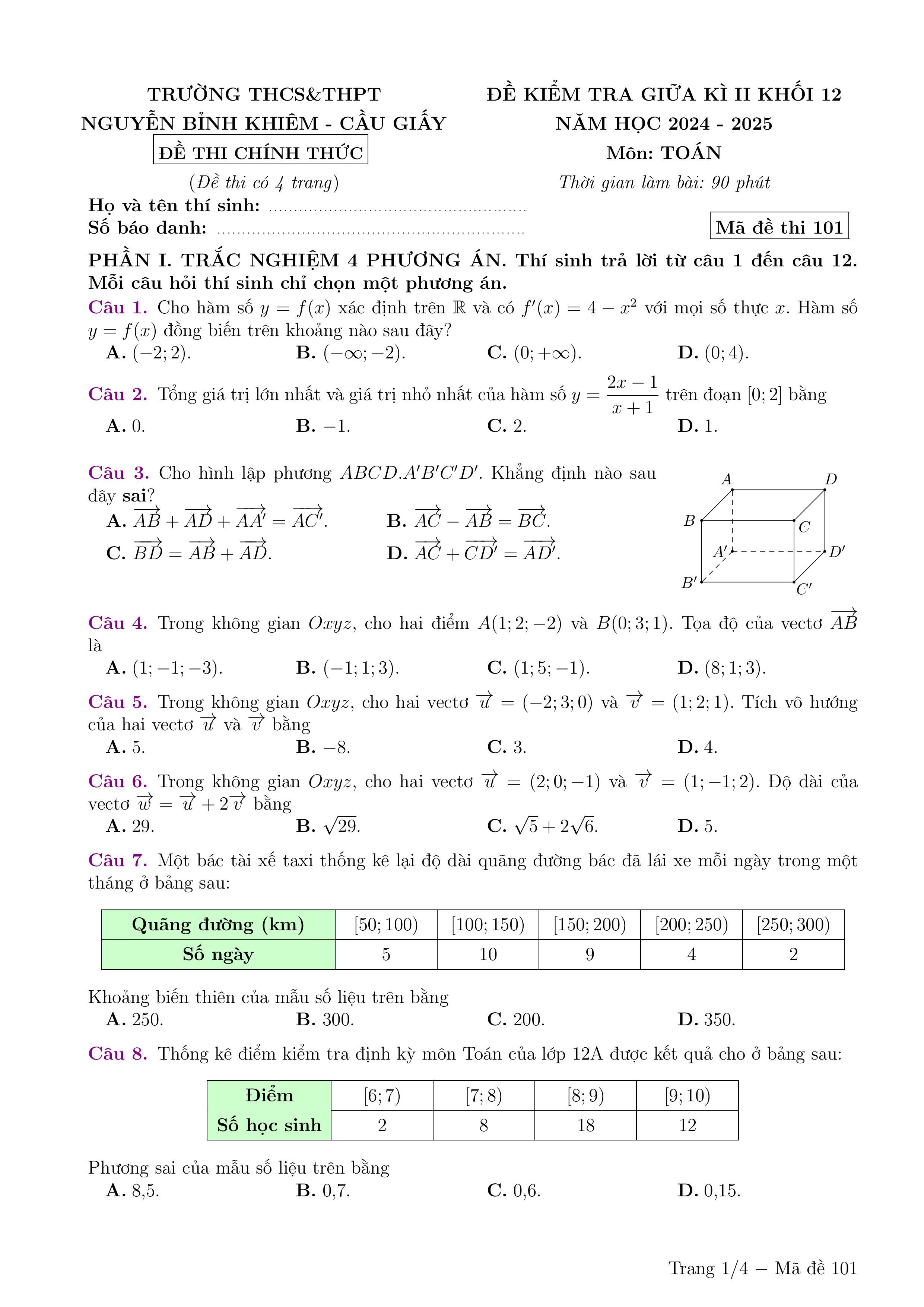 Đề thi Giữa kì 2 Toán 12 trường THPT Nguyễn Bỉnh Khiêm (Hà Nội) năm 2024–2025