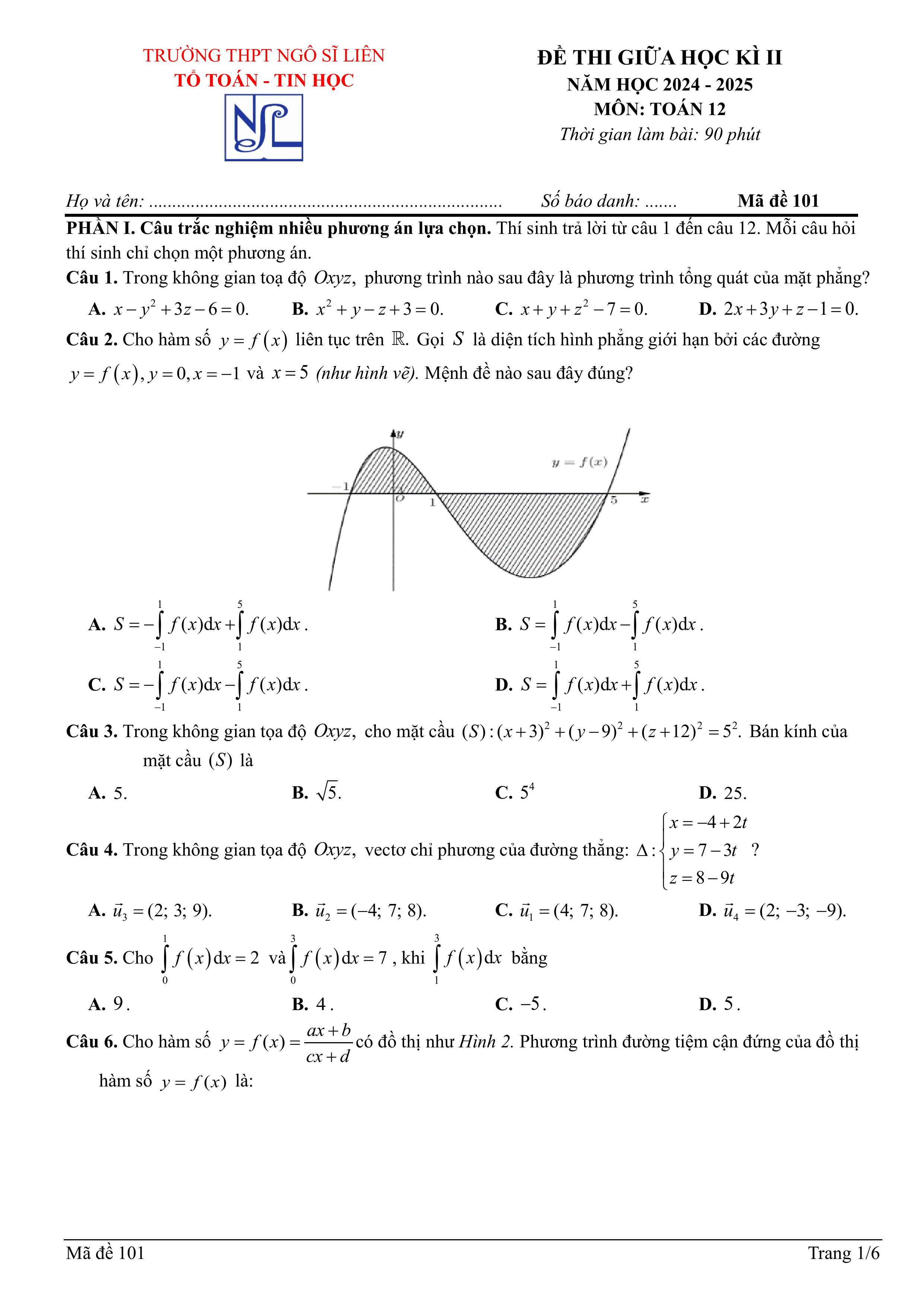 Đề thi Giữa kì 2 Toán 12 trường THPT Ngô Sỹ Liên (Bắc Giang) năm 2024–2025