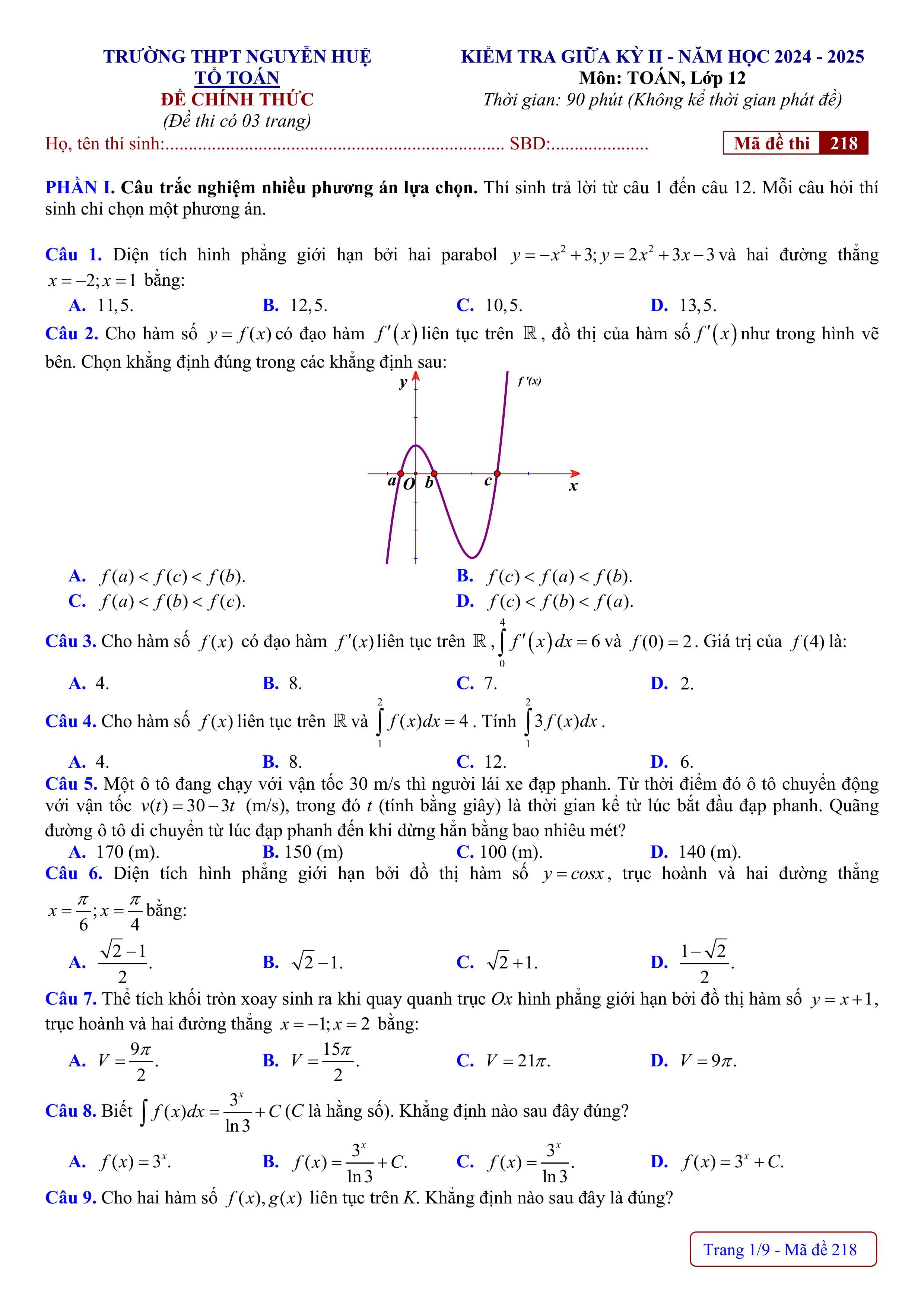 Đề thi Giữa kì 2 Toán 12 trường THPT Nguyễn Huệ (Huế) năm 2024–2025