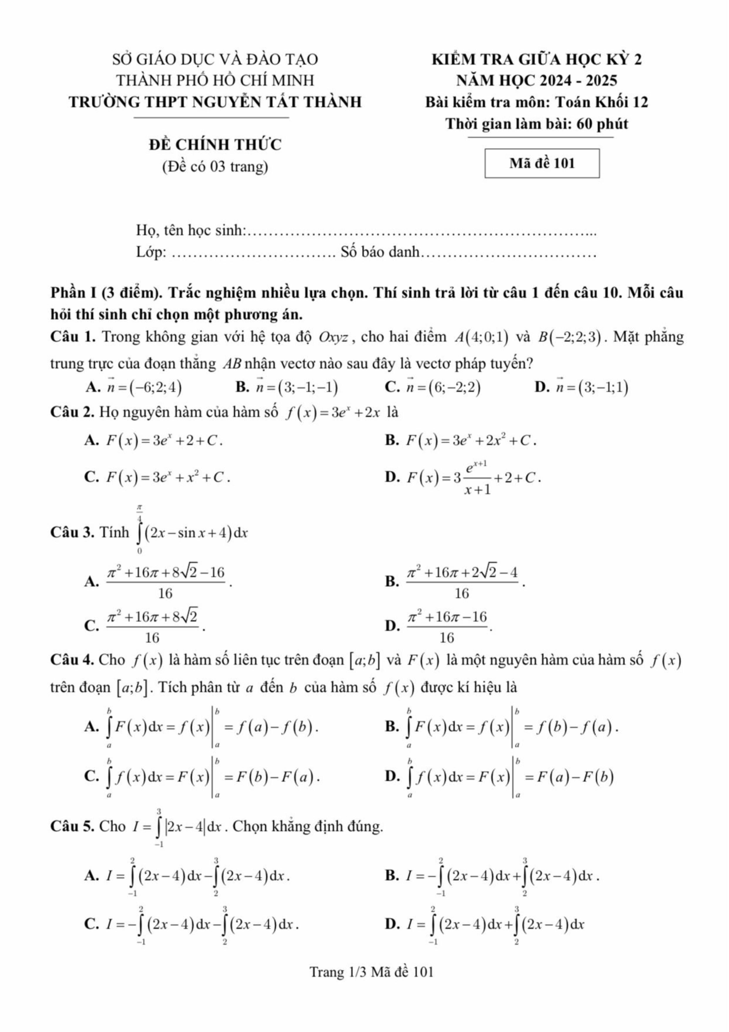 Đề thi Giữa kì 2 Toán 12 trường THPT Nguyễn Tất Thành (Hồ Chí Minh) năm 2024–2025