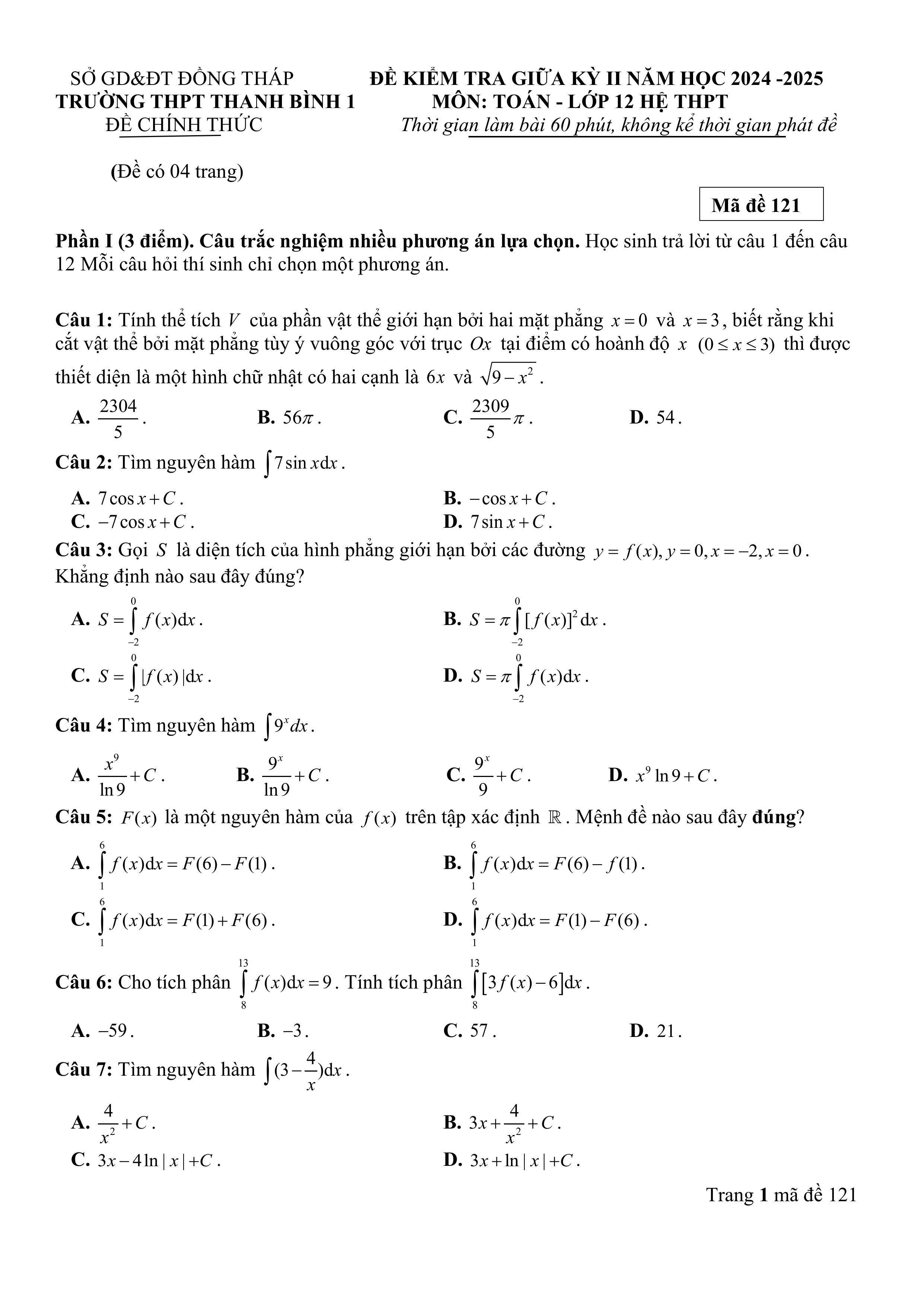 Đề thi Giữa kì 2 Toán 12 trường THPT Thanh Bình 1 (Đồng Tháp) năm 2024–2025