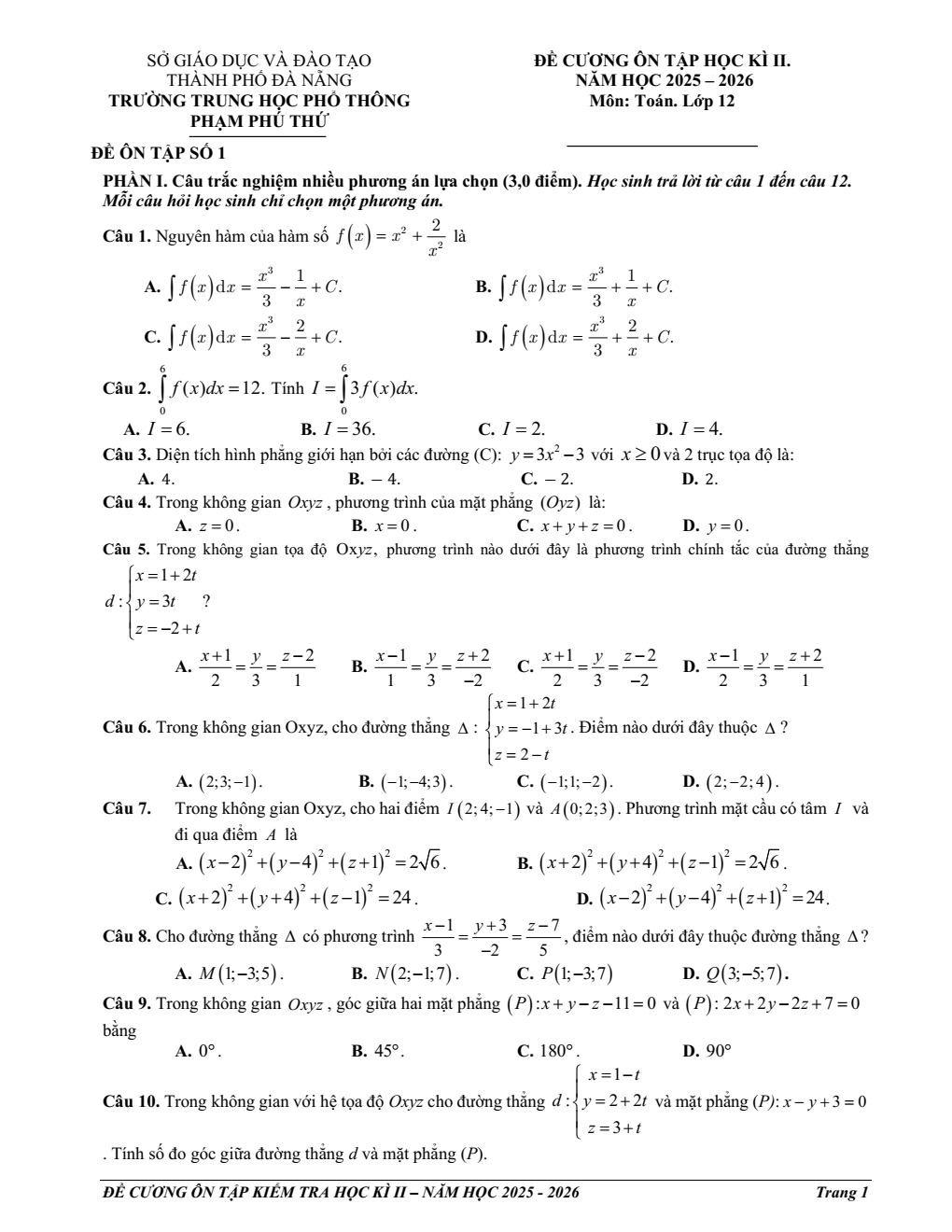 Đề cương ôn tập Học kì 2 Toán 12 trường THPT Phạm Phú Thứ (Đà Nẵng) năm 2025–2026