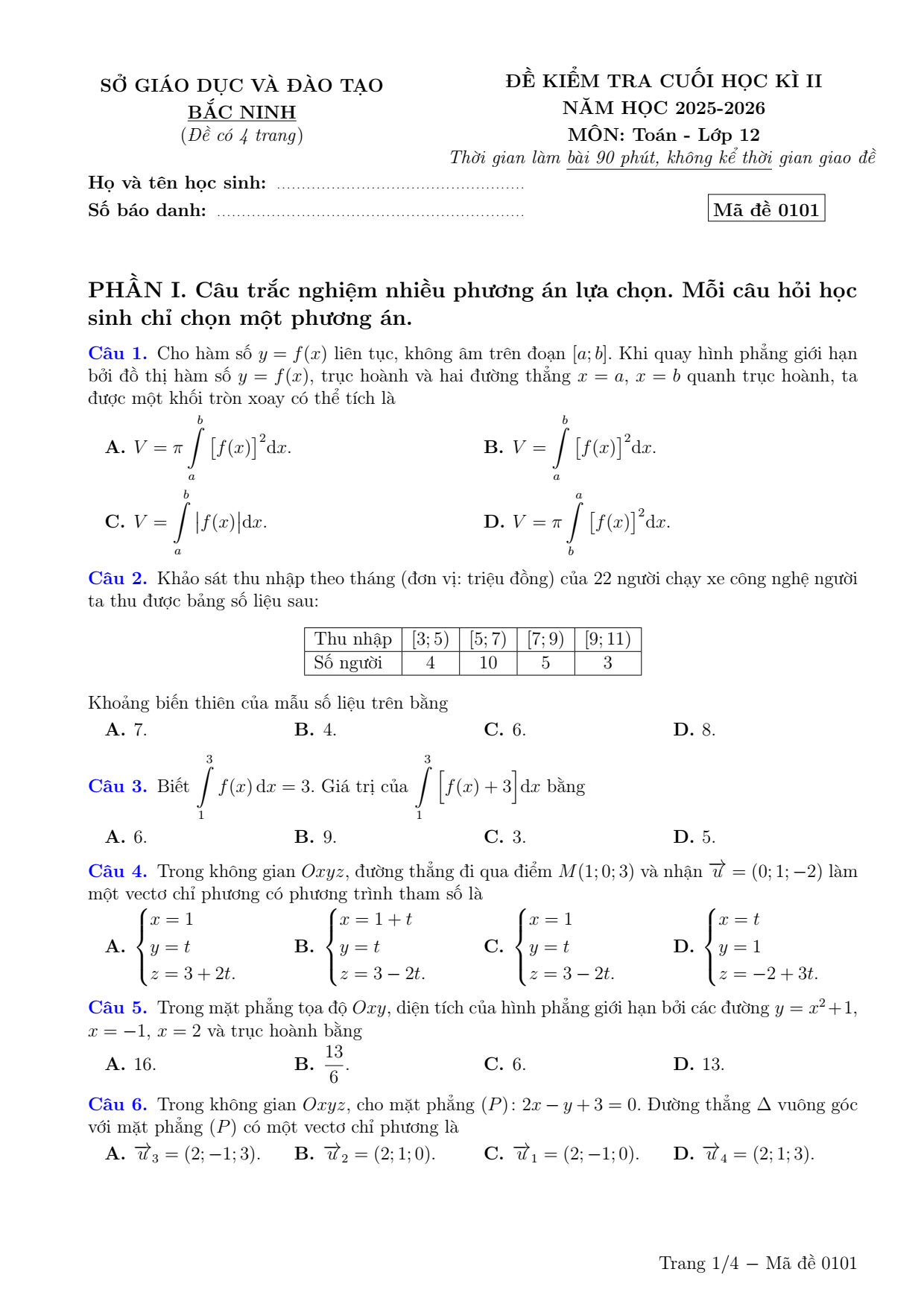Đề thi Học kì 2 Toán 12 sở GD&ĐT Bắc Ninh năm 2025–2026