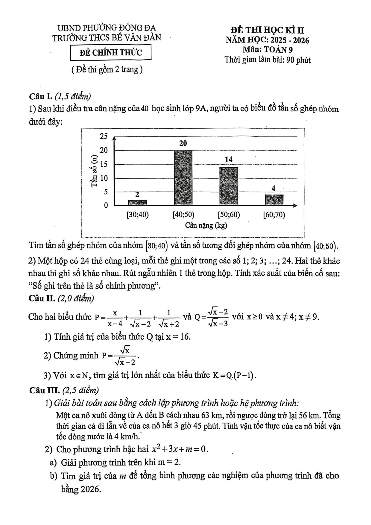 Đề thi Học kì 2 Toán 9 trường THCS Bế Văn Đàn (Hà Nội) năm 2025–2026