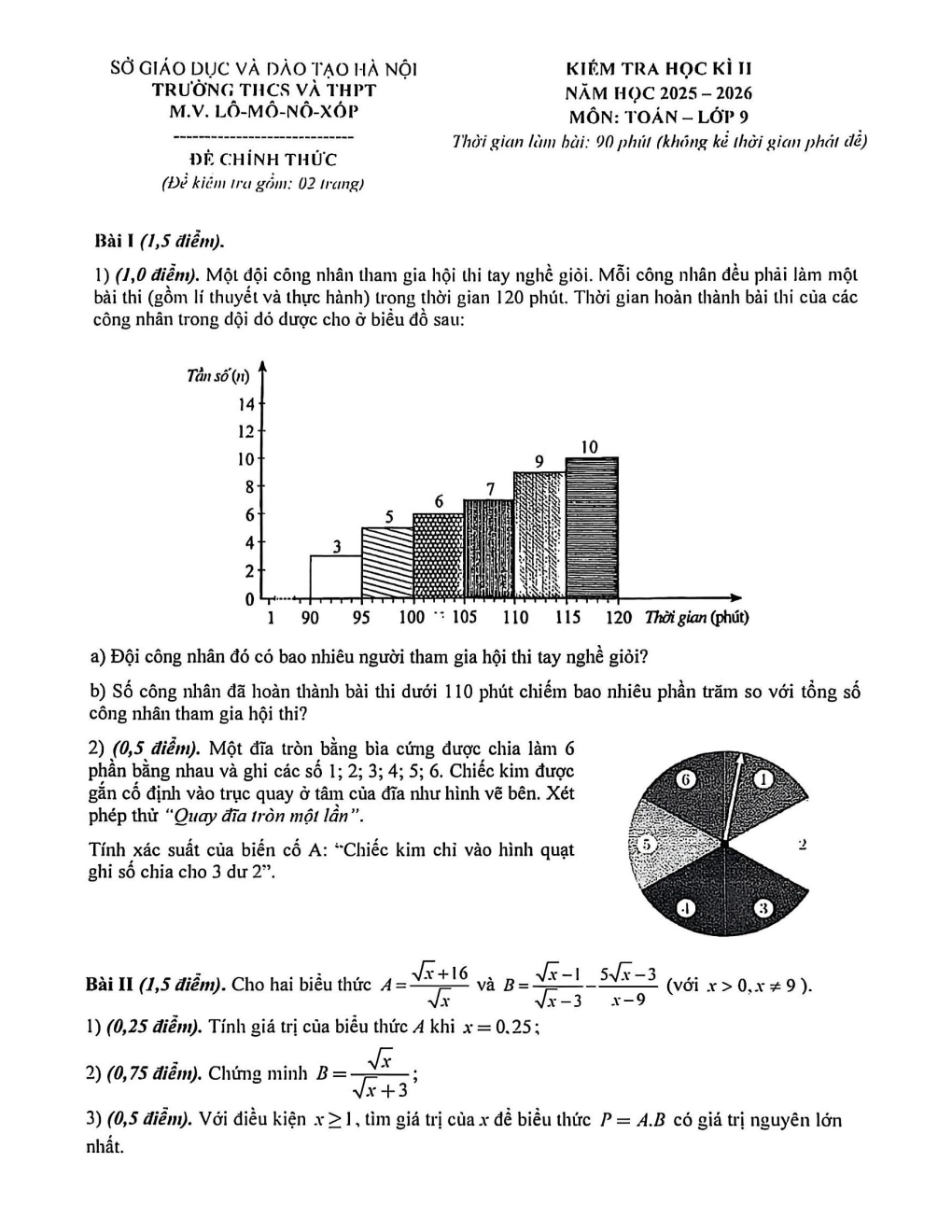 Đề thi Học kì 2 Toán 9 trường M.V. Lômônôxốp (Hà Nội) năm 2025–2026
