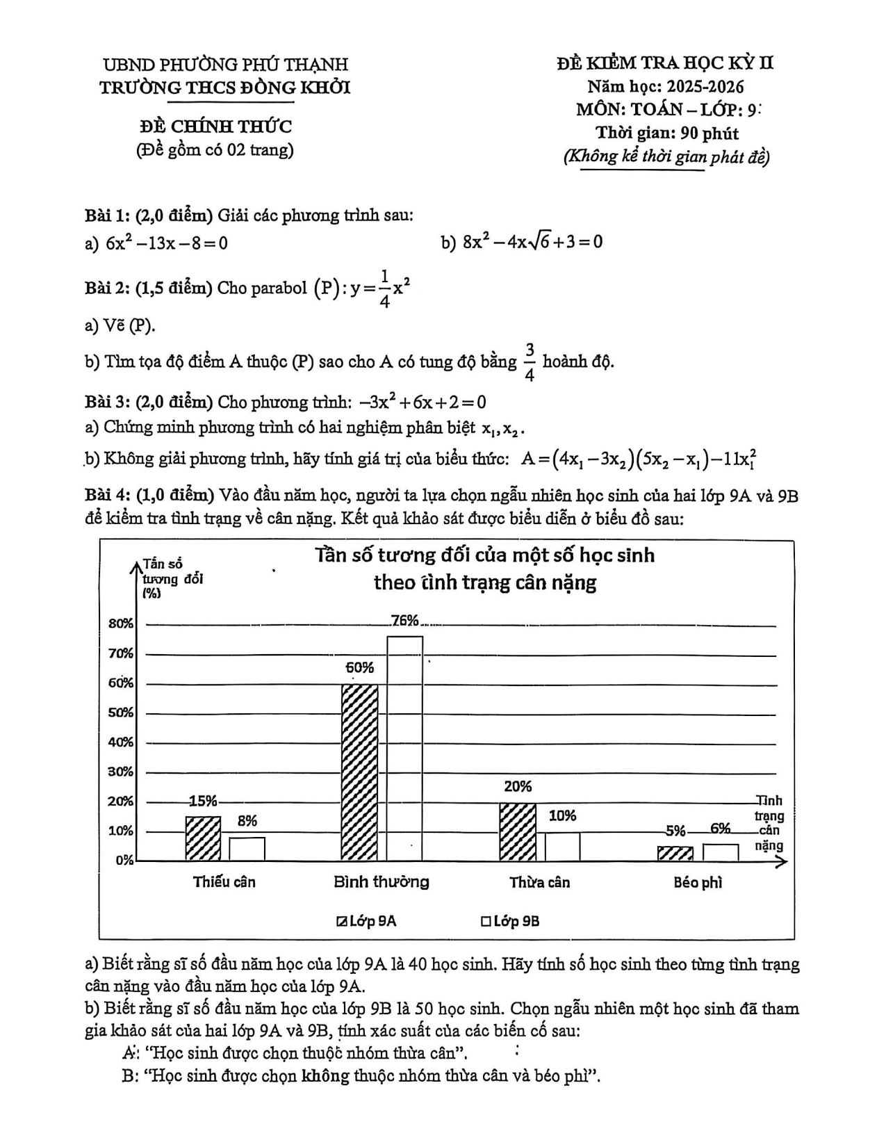 Đề thi Học kì 2 Toán 9 trường THCS Đồng Khởi (TP Hồ Chí Minh) năm 2025–2026