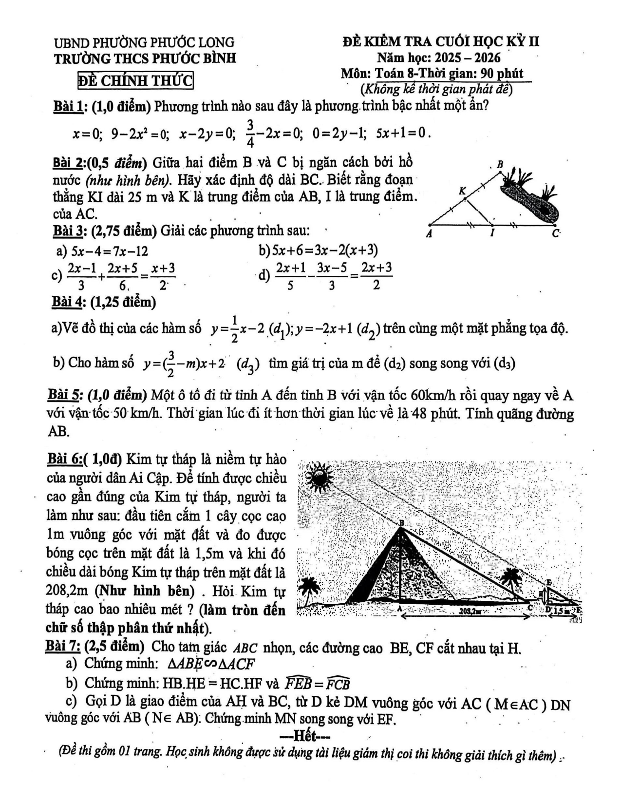 Đề thi Học kì 2 Toán 8 trường THCS Phước Bình (TP Hồ Chí Minh) năm 2025–2026