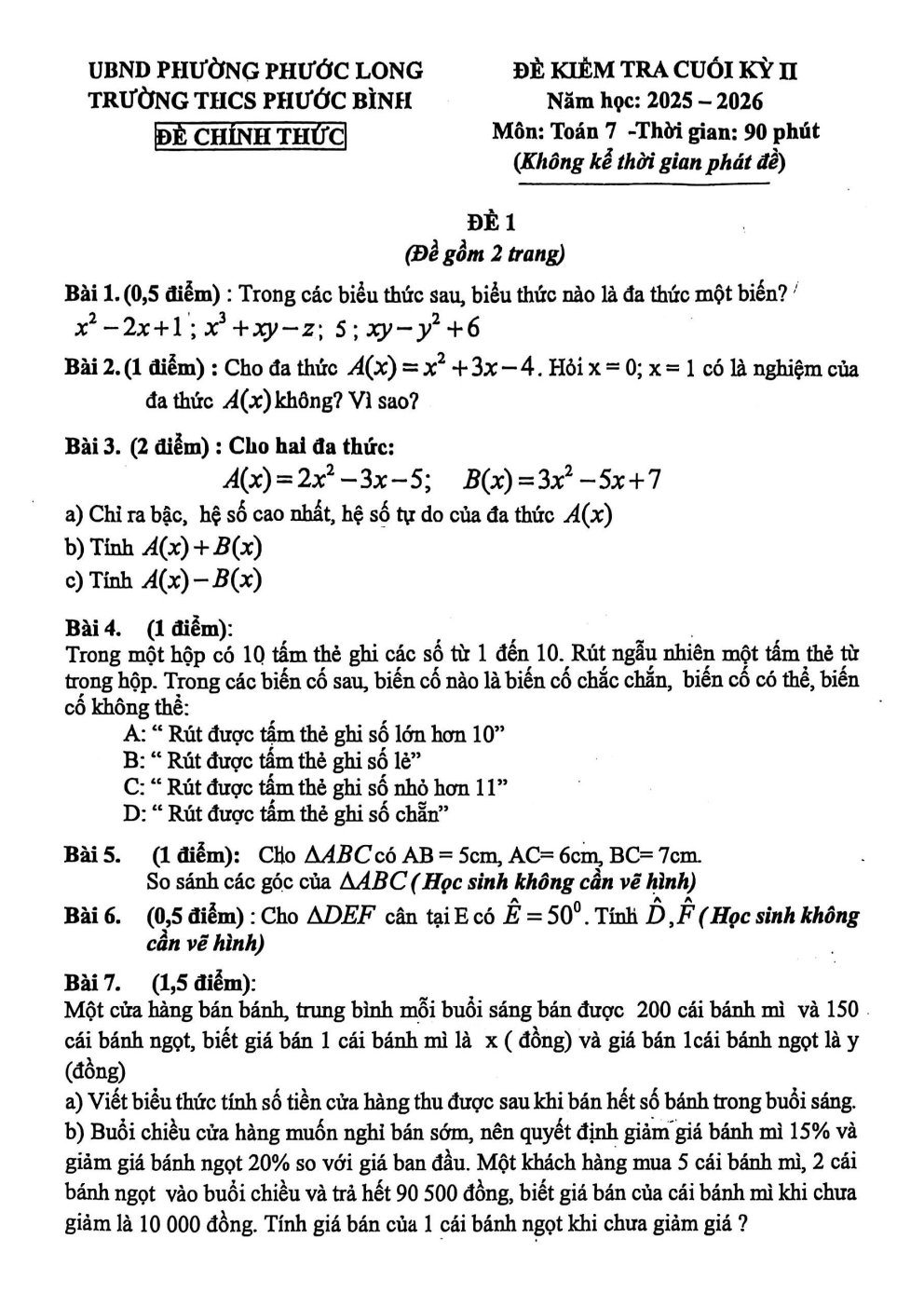 Đề thi Học kì 2 Toán 7 trường THCS Phước Bình (TP Hồ Chí Minh) năm 2025–2026
