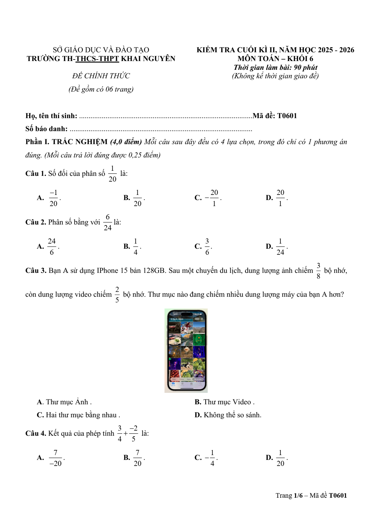 Đề thi Học kì 2 Toán 6 trường Khai Nguyên (TP Hồ Chí Minh) năm 2025–2026