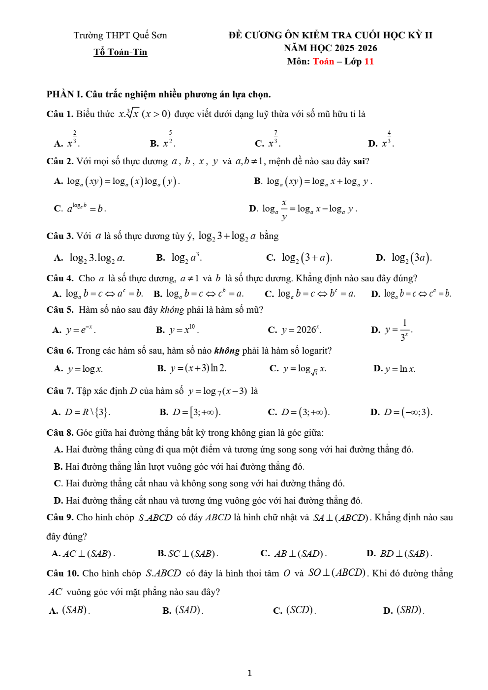 Đề cương ôn tập Học kì 2 Toán 11 trường THPT Quế Sơn (Đà Nẵng) năm 2025–2026