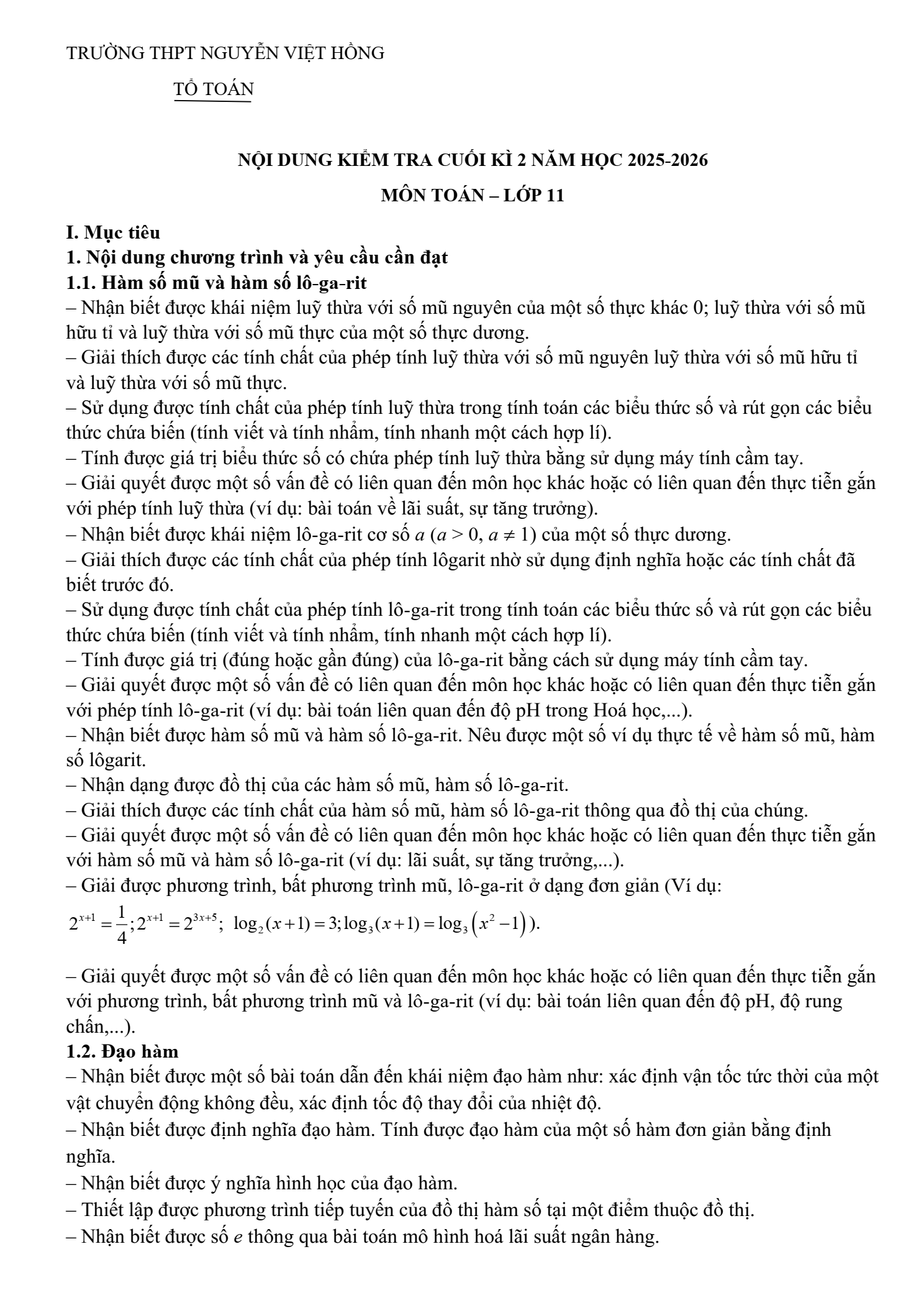 Đề cương ôn tập Học kì 2 Toán 11 trường THPT Nguyễn Việt Hồng (Cần Thơ) năm 2025–2026