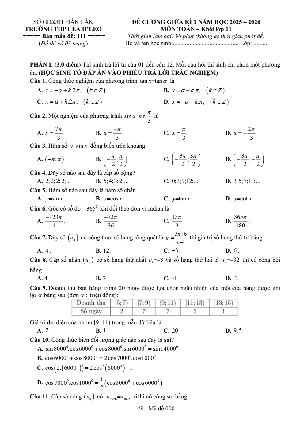 Đề cương ôn tập Giữa kì 1 Toán 11 trường THPT Ea H’Leo (Đắk Lắk) năm 2025–2026