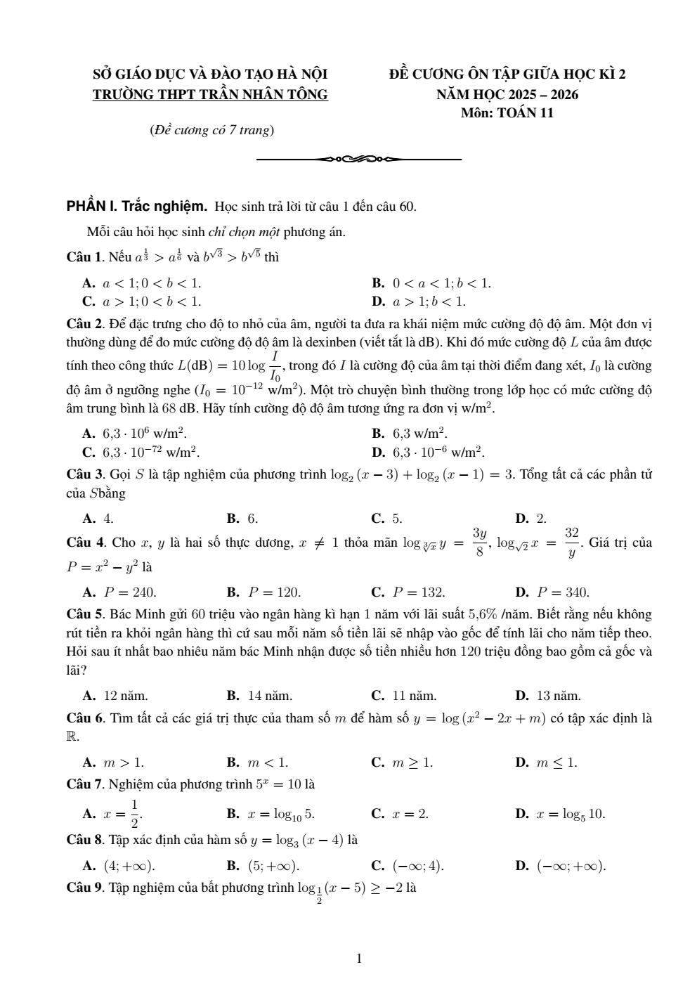 Đề cương ôn tập Giữa kì 2 Toán 11 trường THPT Trần Nhân Tông (Hà Nội) năm 2025–2026