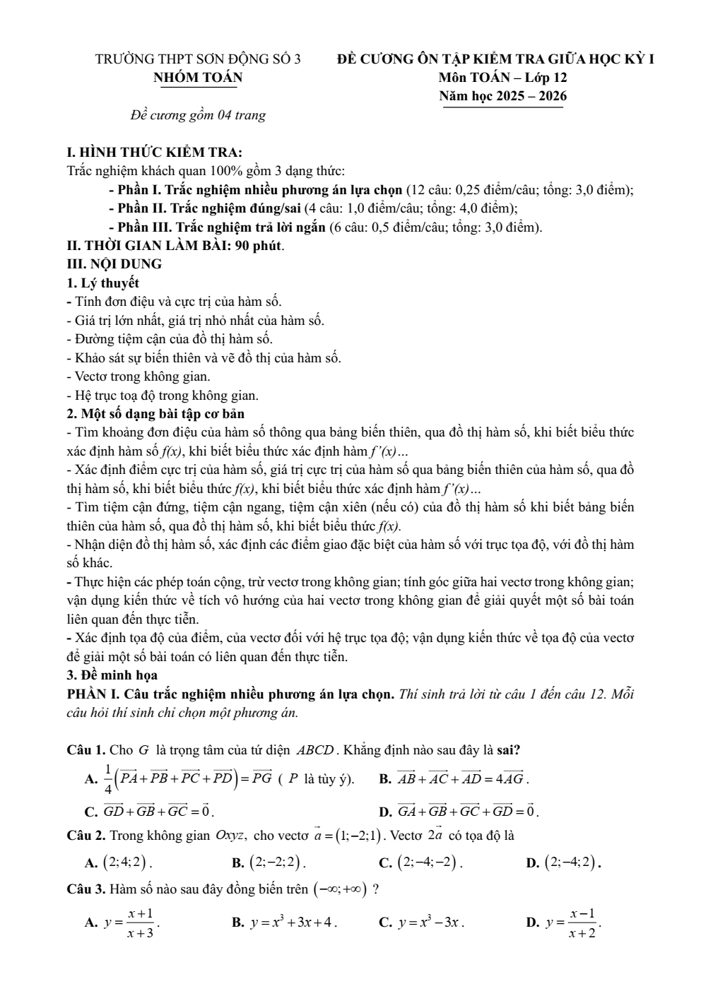 Đề cương ôn tập Giữa kì 1 Toán 12 trường THPT Sơn Động 3 (Bắc Ninh) năm 2025–2026