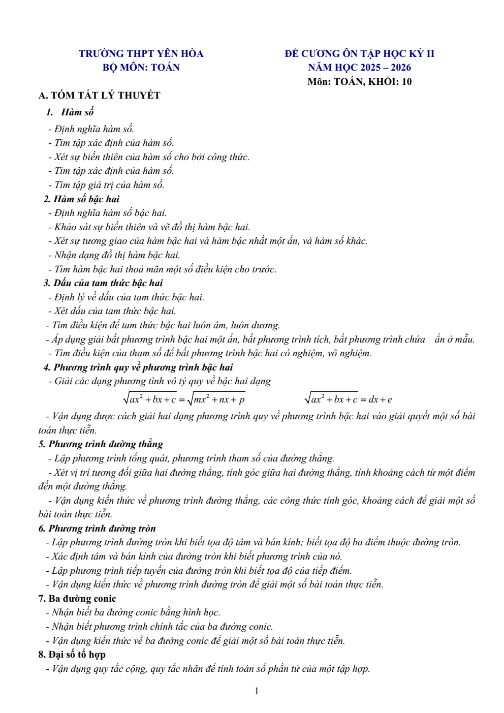 Đề cương ôn tập Học kì 2 Toán 10 trường THPT Yên Hòa (Hà Nội) năm 2025–2026