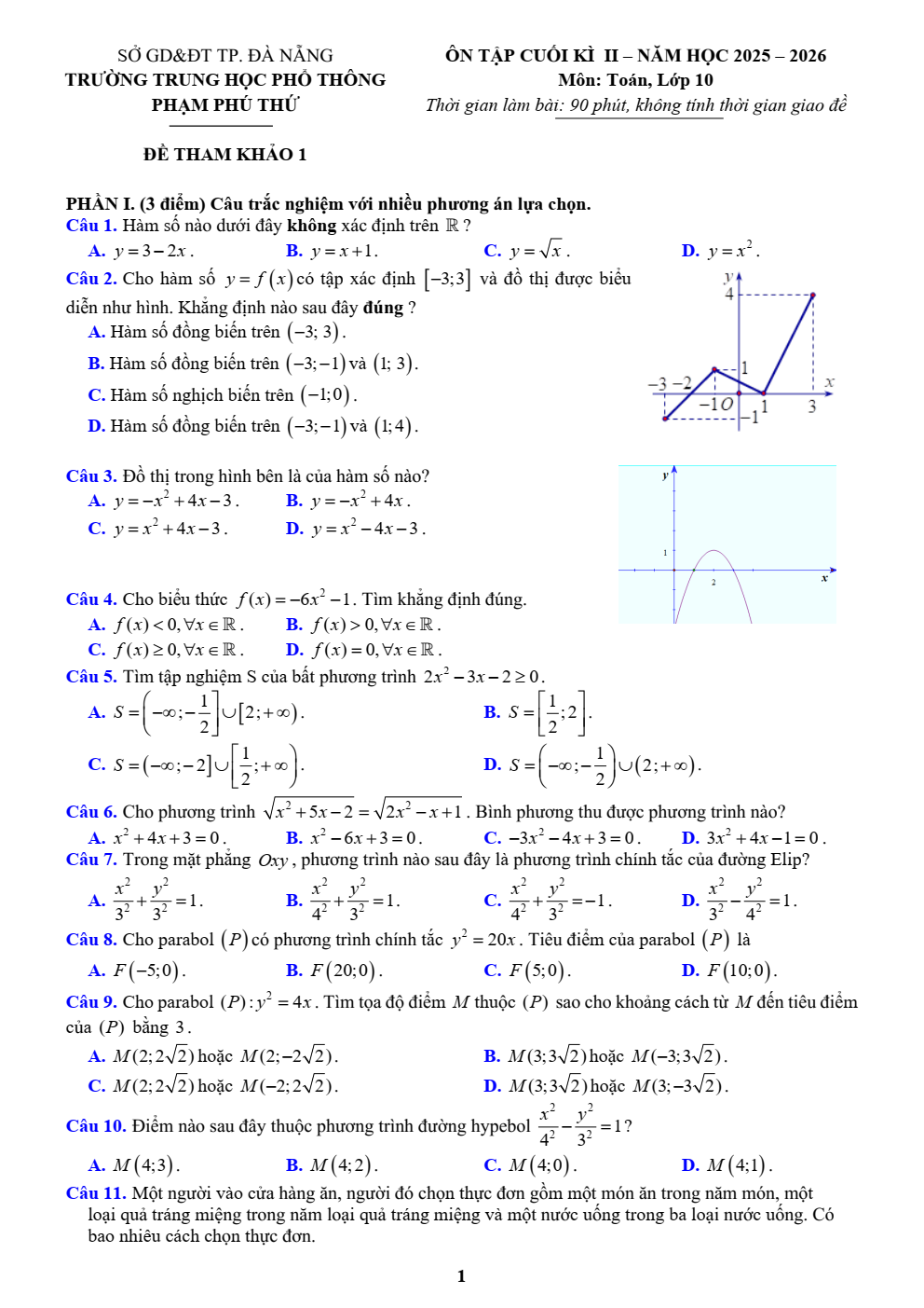 Đề cương ôn tập Học kì 2 Toán 10 trường THPT Phạm Phú Thứ (Đà Nẵng) năm 2025–2026