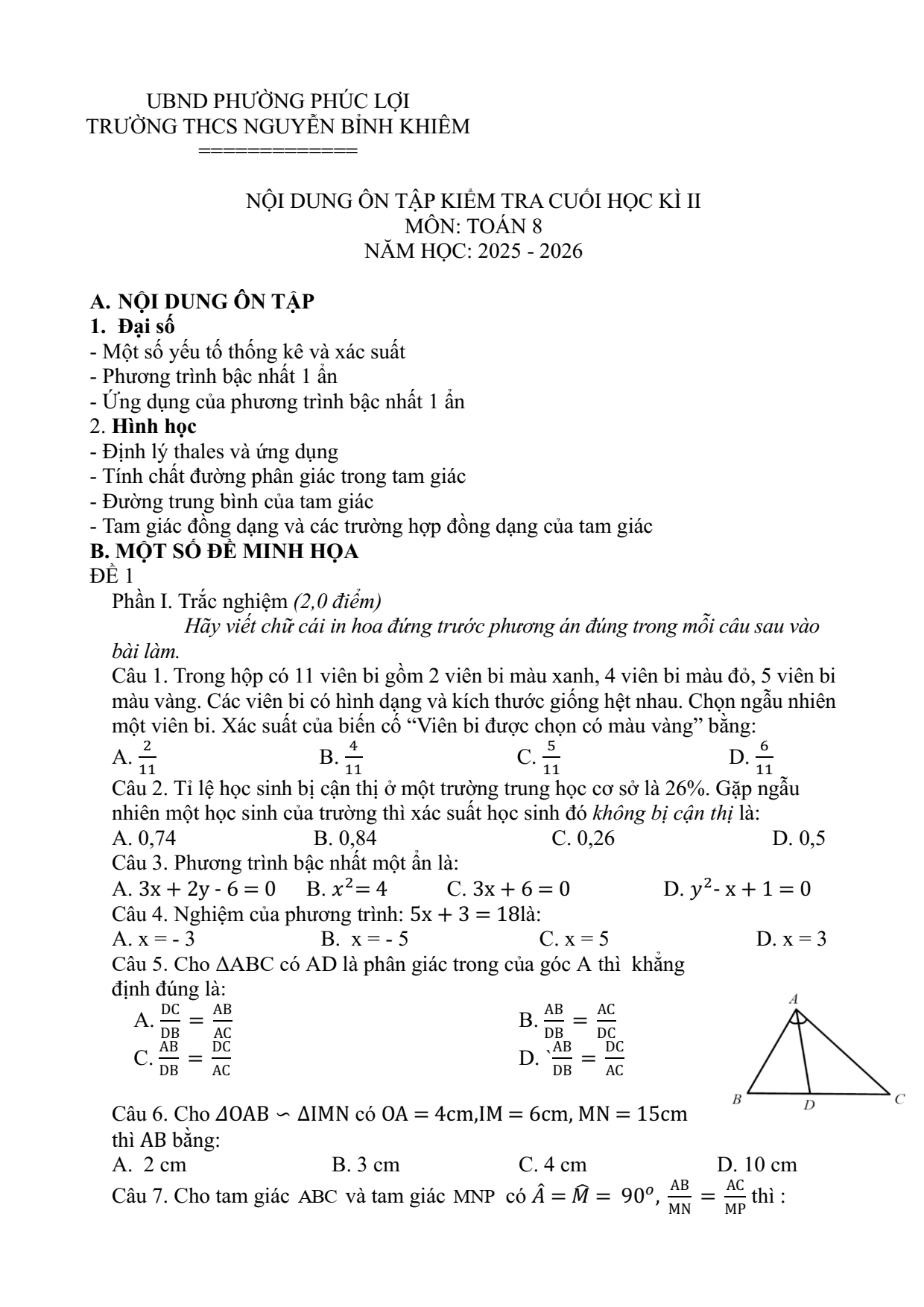 Đề cương ôn tập Học kì 2 Toán 8 trường THCS Nguyễn Bỉnh Khiêm (Hà Nội) năm 2025–2026