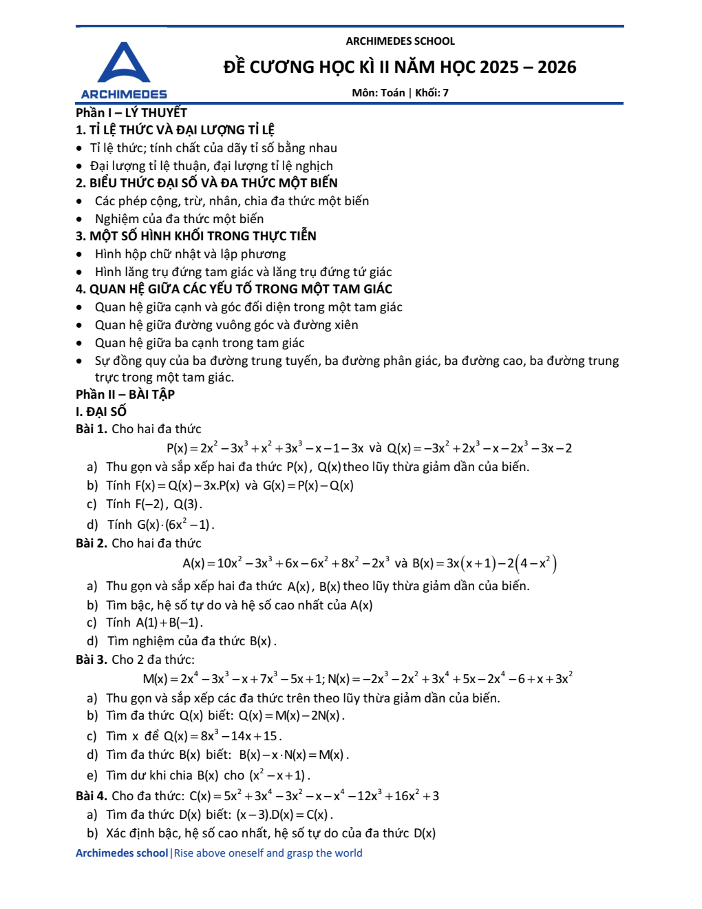 Đề cương ôn tập Học kì 2 Toán 7 hệ thống GD Archimedes School (Hà Nội) năm 2025–2026