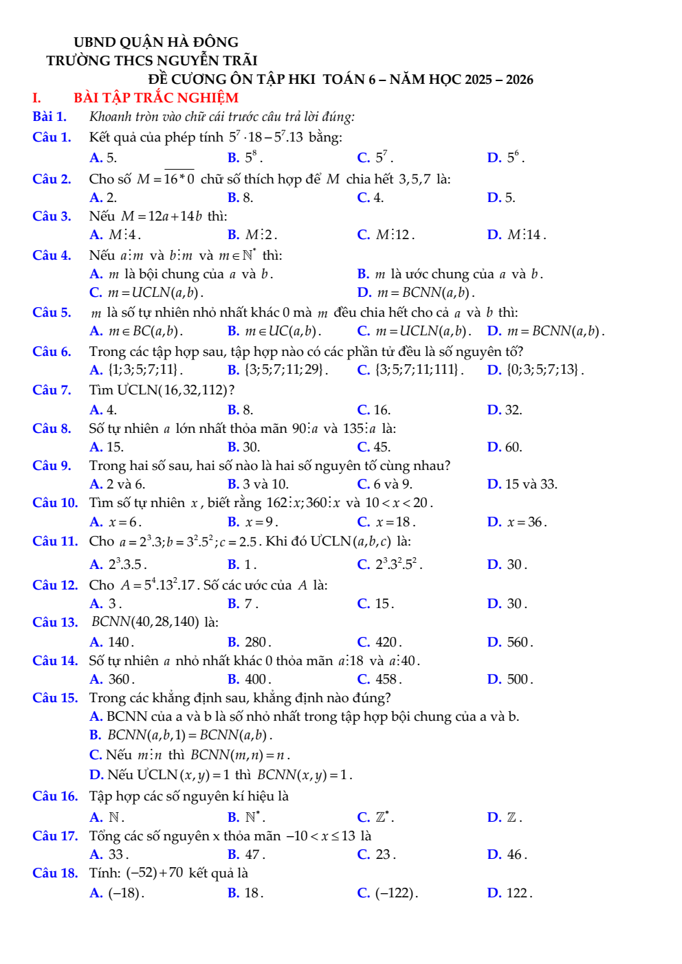 Đề cương ôn tập Học kì 1 Toán 6 trường THCS Nguyễn Trãi (Hà Nội) năm 2025–2026