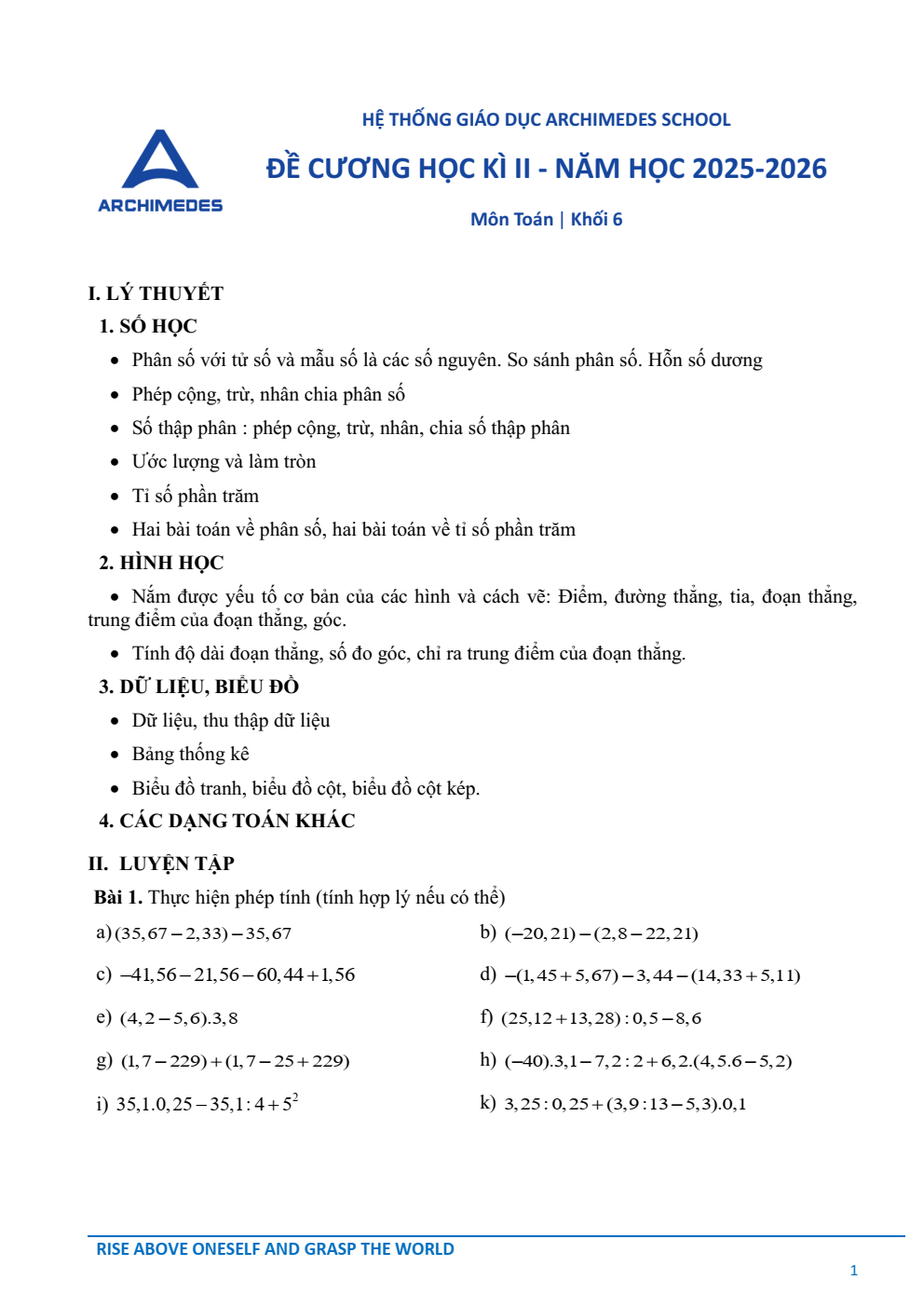 Đề cương ôn tập Học kì 2 Toán 6 hệ thống GD Archimedes School (Hà Nội) năm 2025–2026