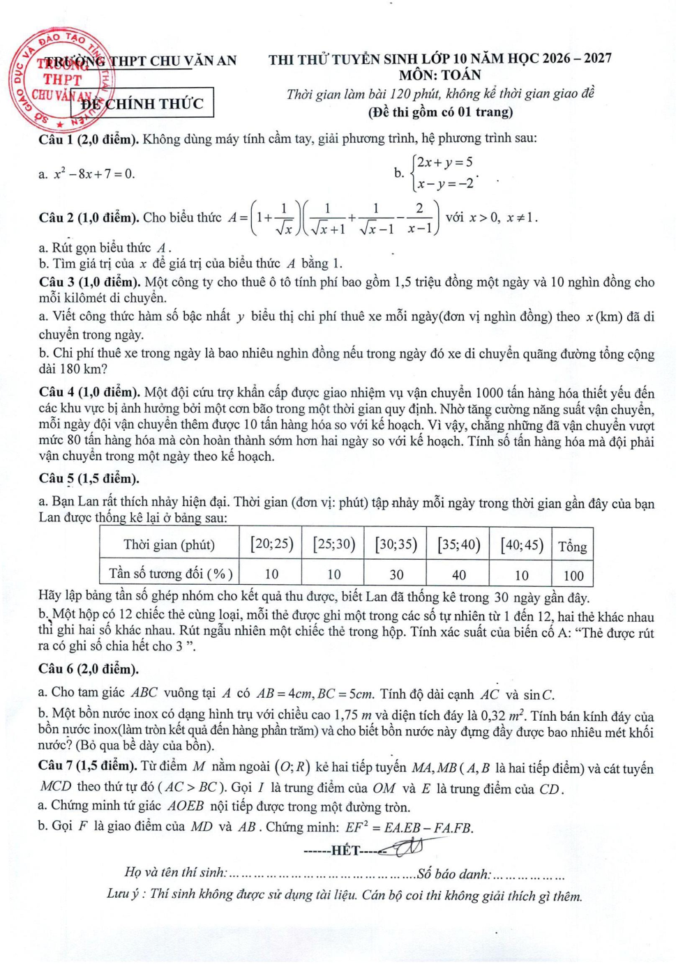 Đề thi thử Toán vào lớp 10 năm 2026-2027 trường Chu Văn An (Thái Nguyên)